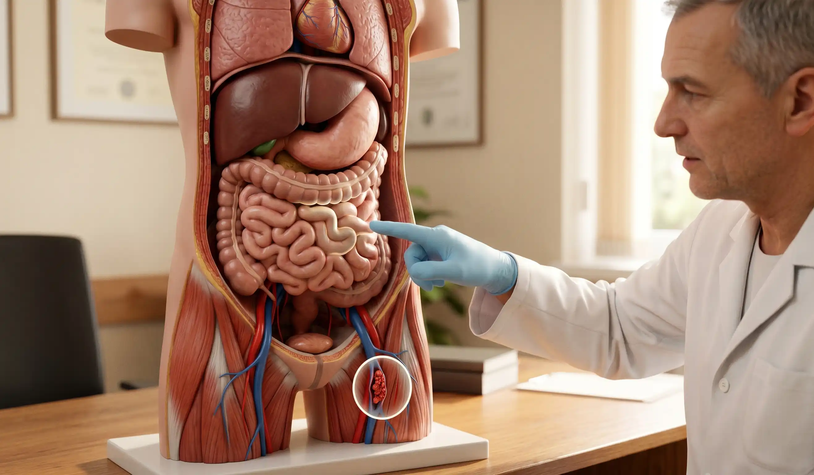 doctor pointing to anatomical model explaining post surgery flying risks