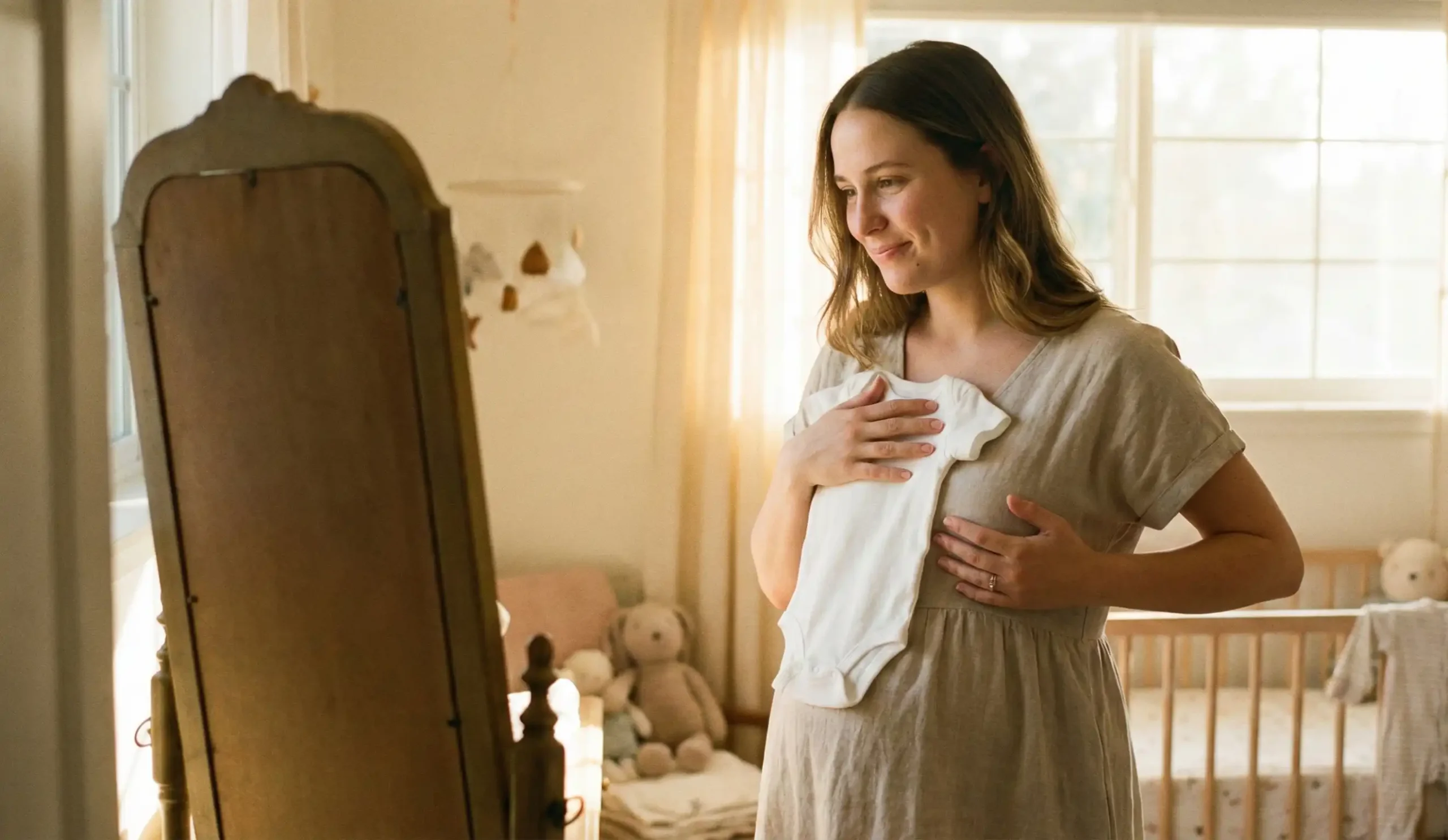 young woman mirror future motherhood contemplation