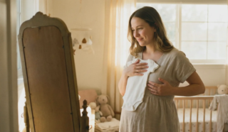 young woman mirror future motherhood contemplation