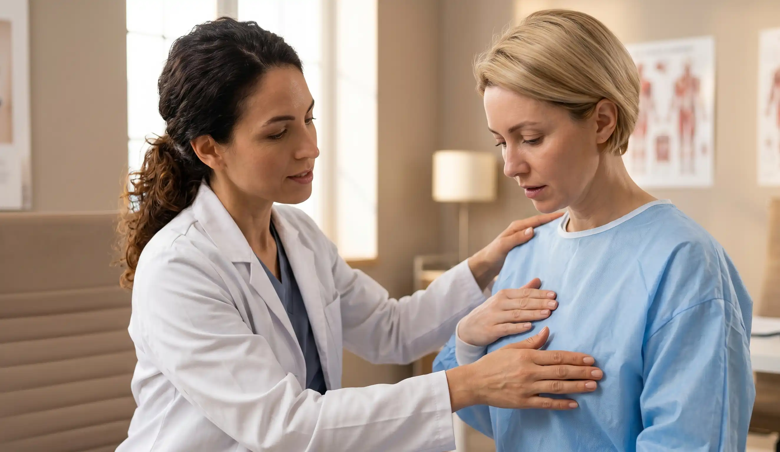 cosmetic surgeon examining patient breast tissue