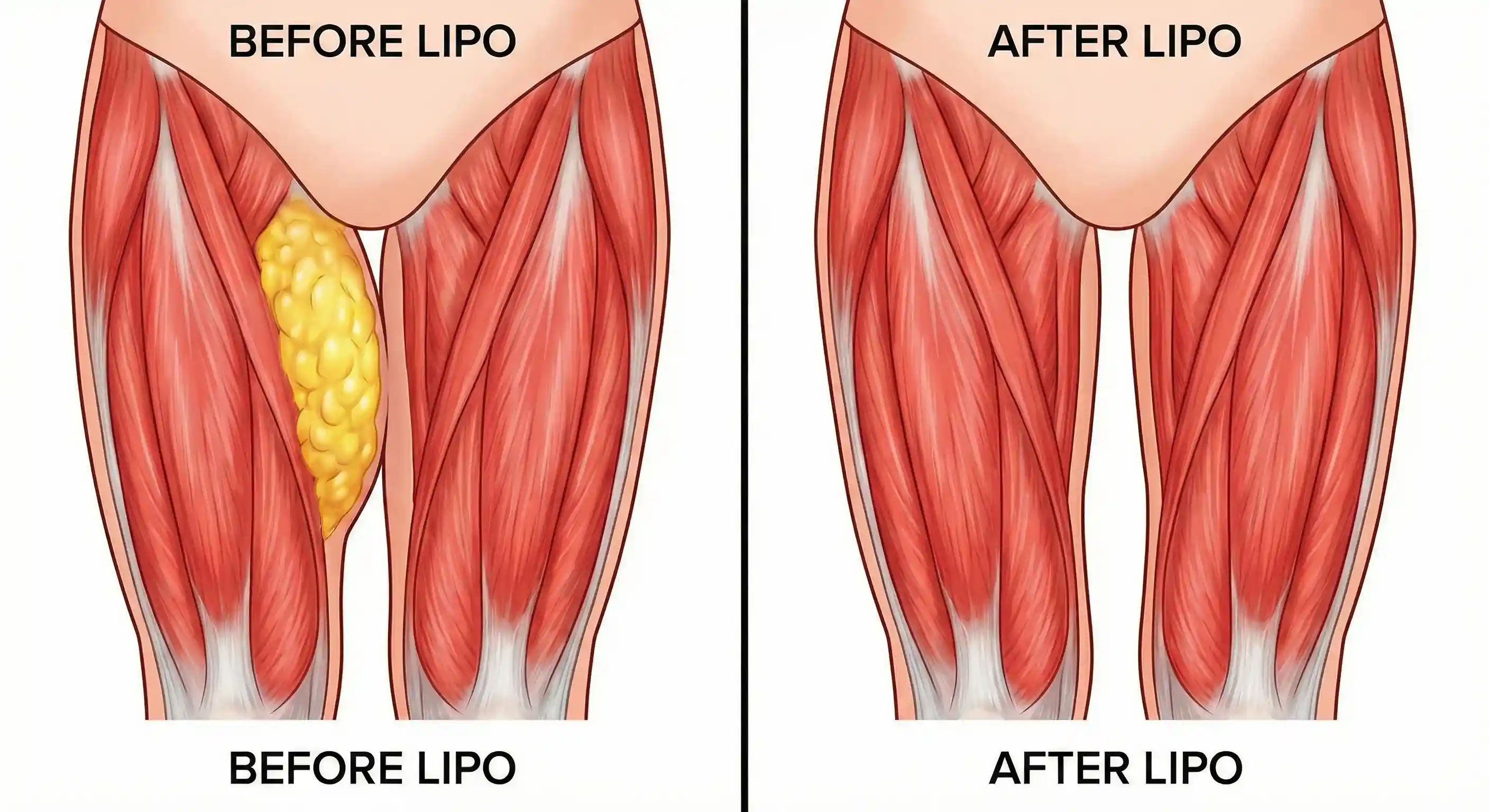 anatomical diagram before and after thigh liposuction showing gap creation