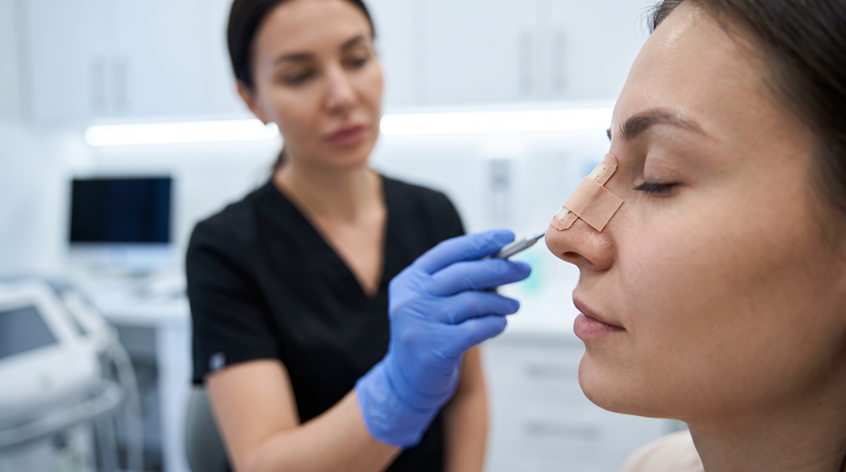 Nose after rhinoplasty surgery, illustrating the importance of taping to manage swelling and support healing.