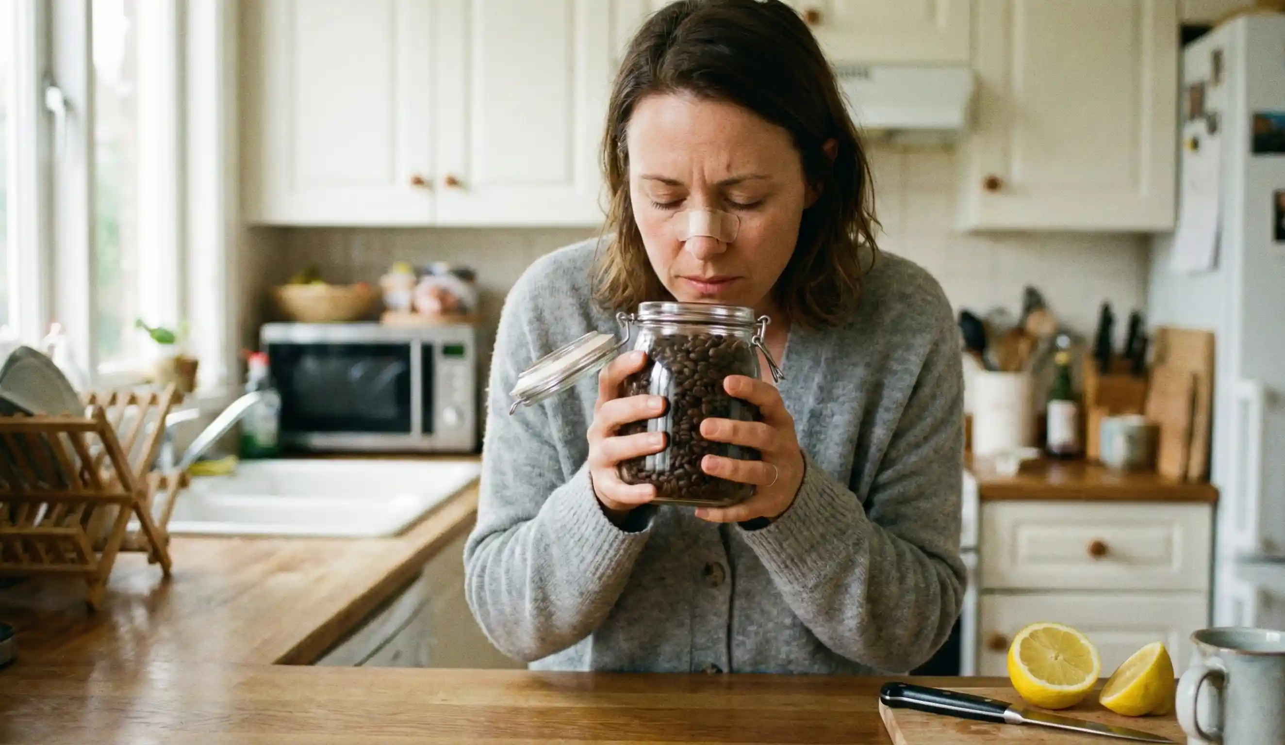 donna che odora fagioli di caffè dopo la prova di rinoplastica
