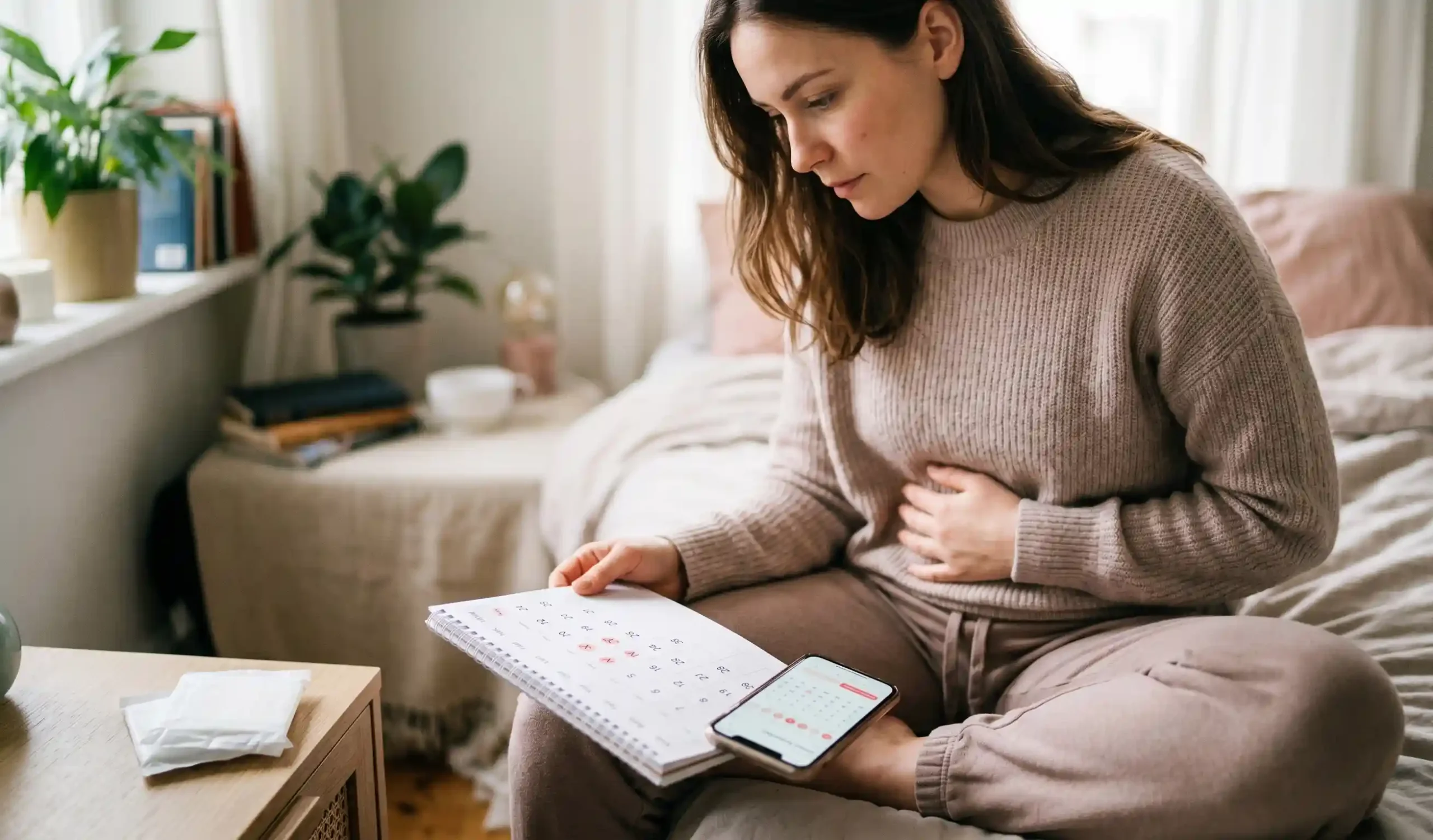woman checking period cycle calendar at home