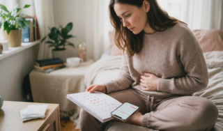 woman checking period cycle calendar at home