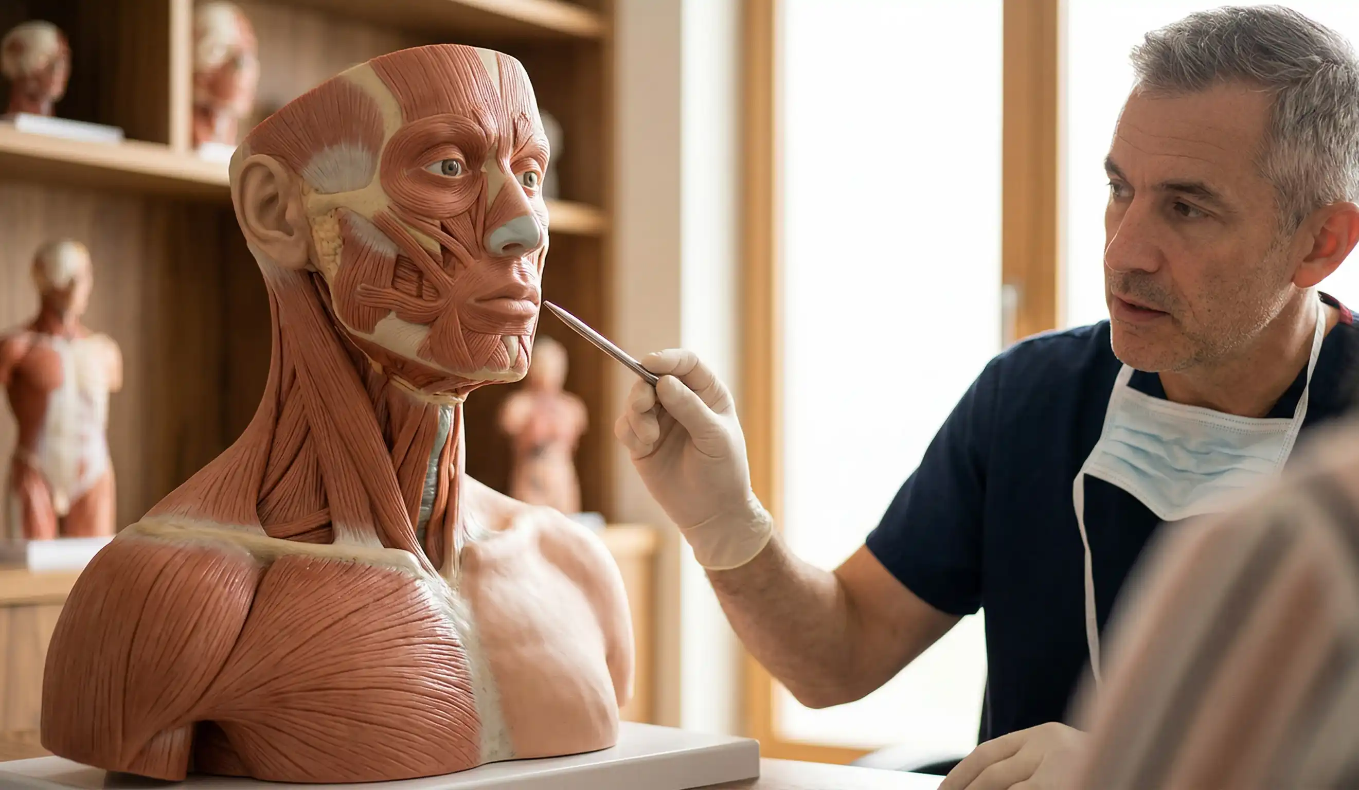 anatomical model discussing facial sagging