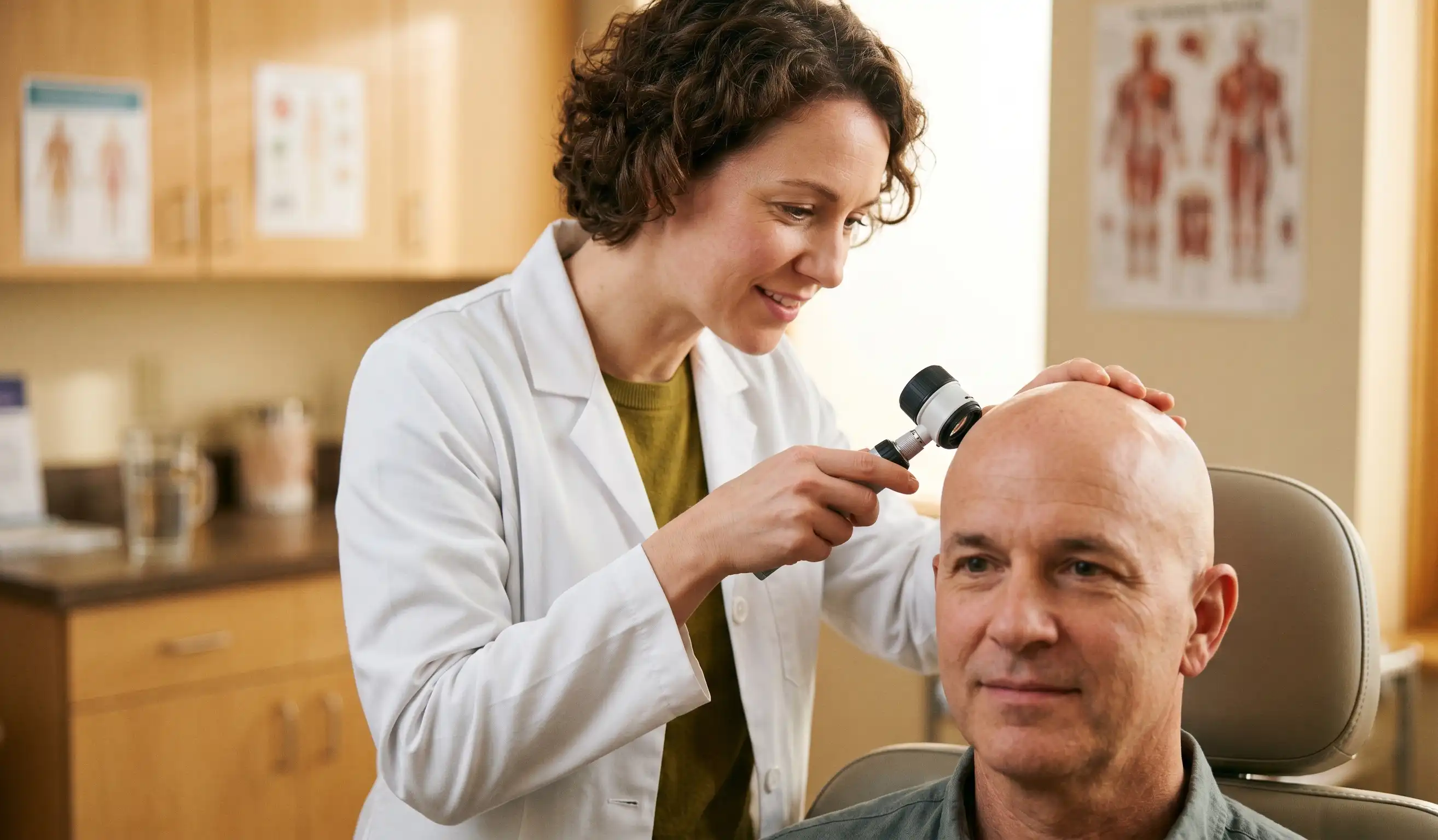 hair transplant doctor examining bald scalp