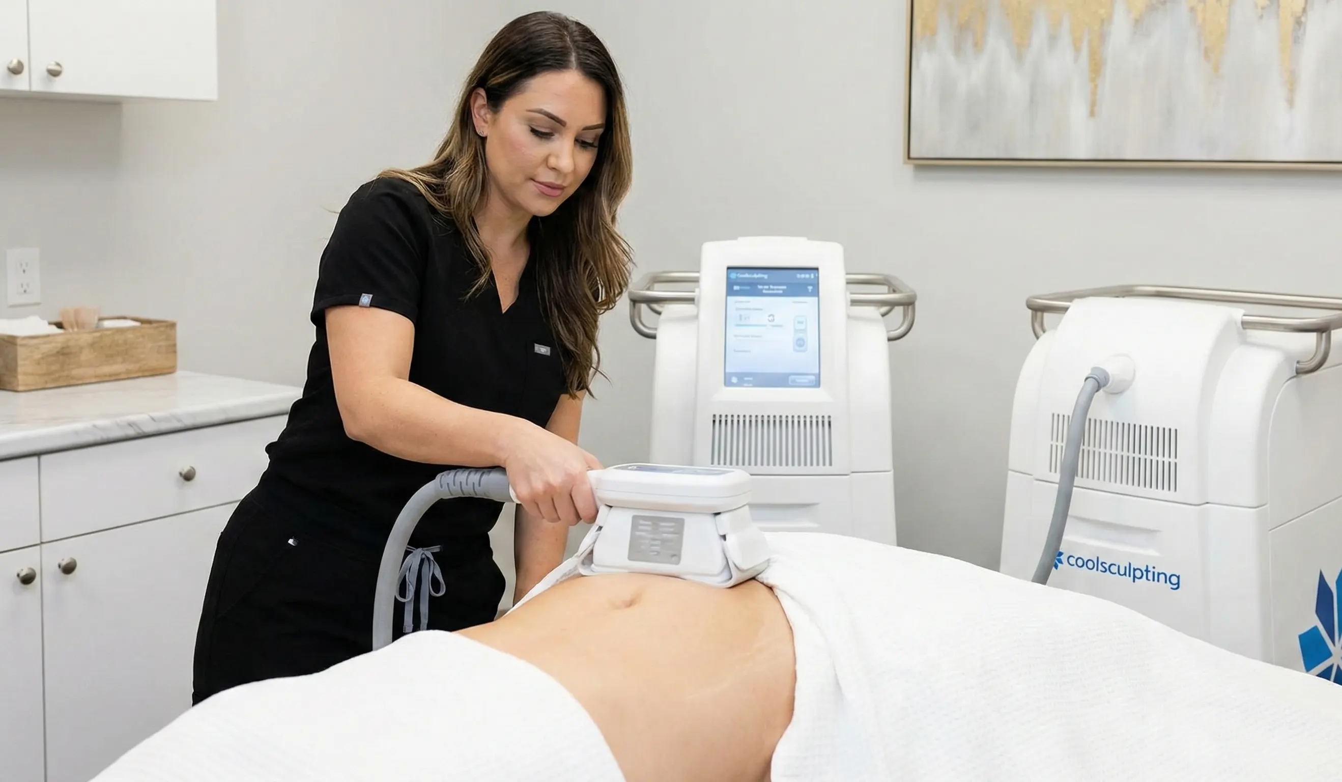 technician applying coolsculpting device to patient abdomen in clinic