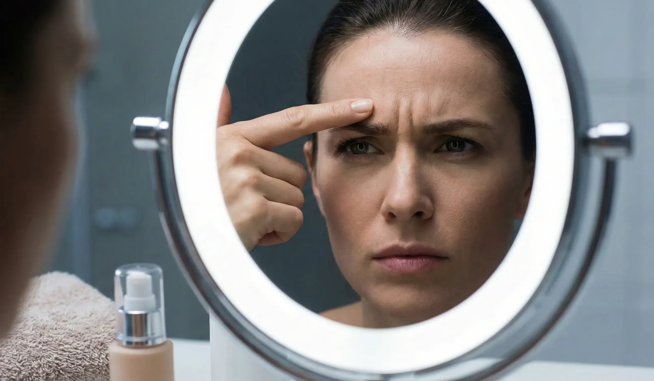 woman checking glabella magnifying mirror