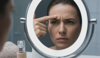 woman checking glabella magnifying mirror