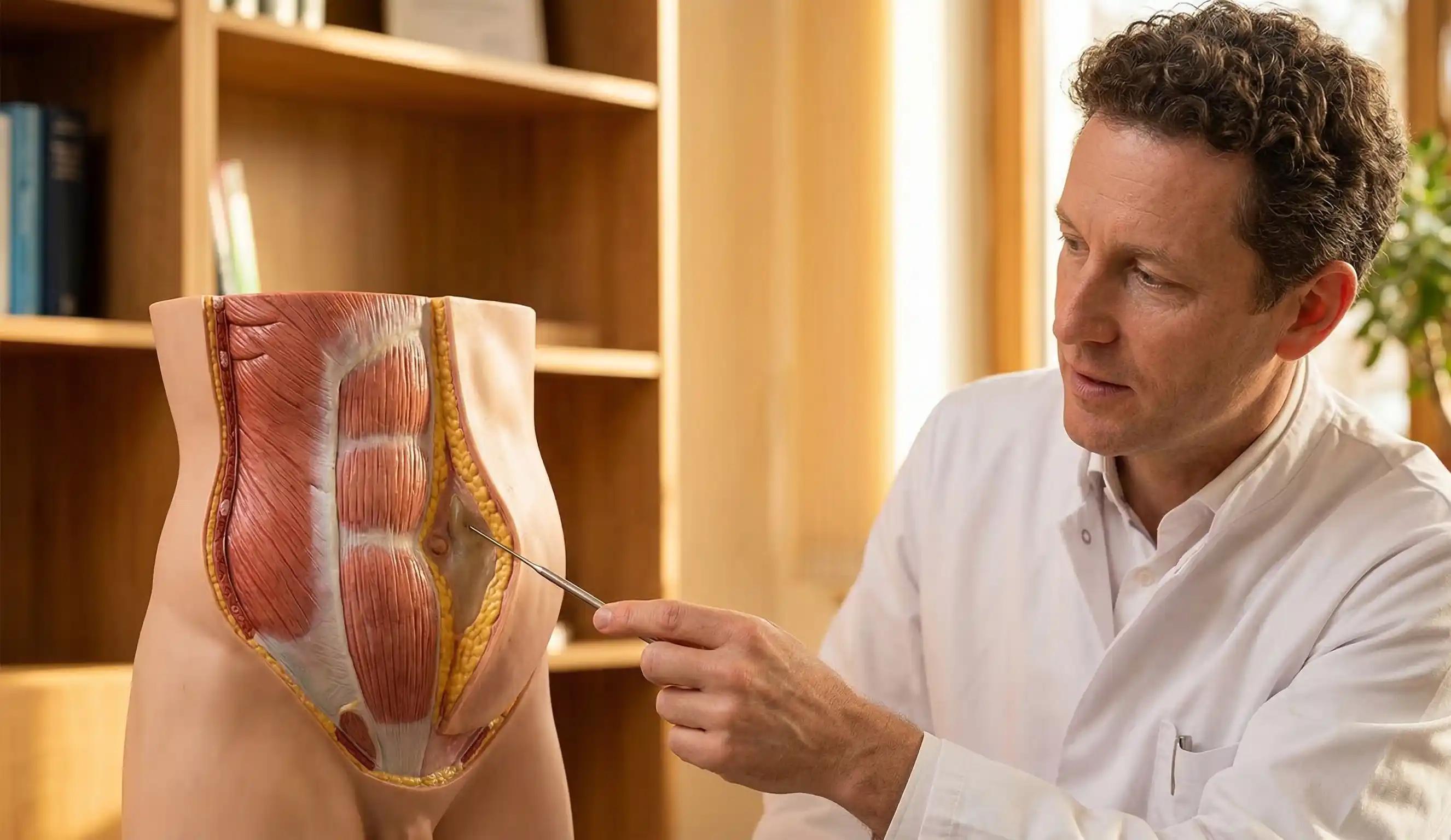 anatomical model doctor pointing tummy tuck seroma location