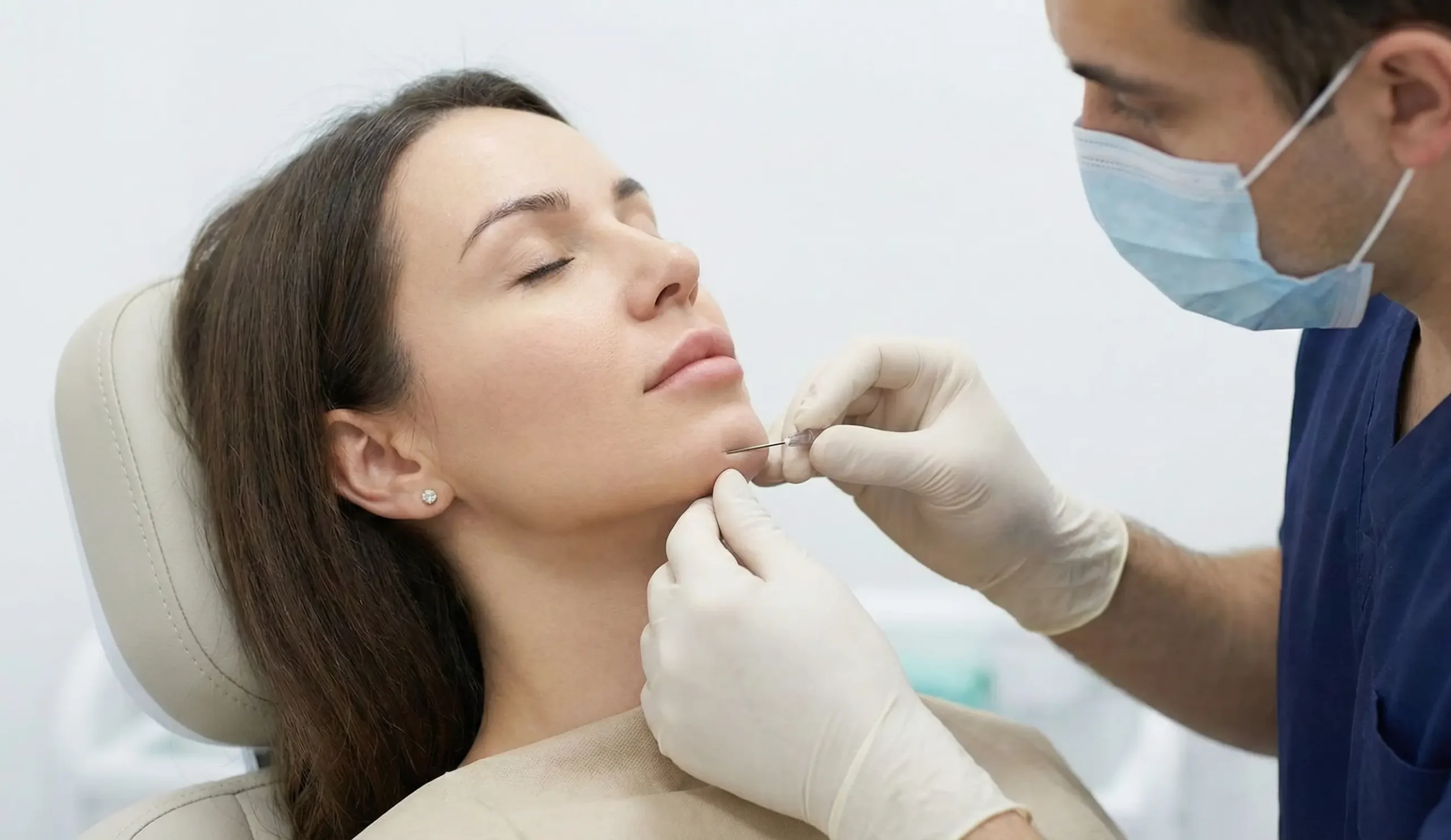 plastic surgeon performing microcannula liposuction on lower face