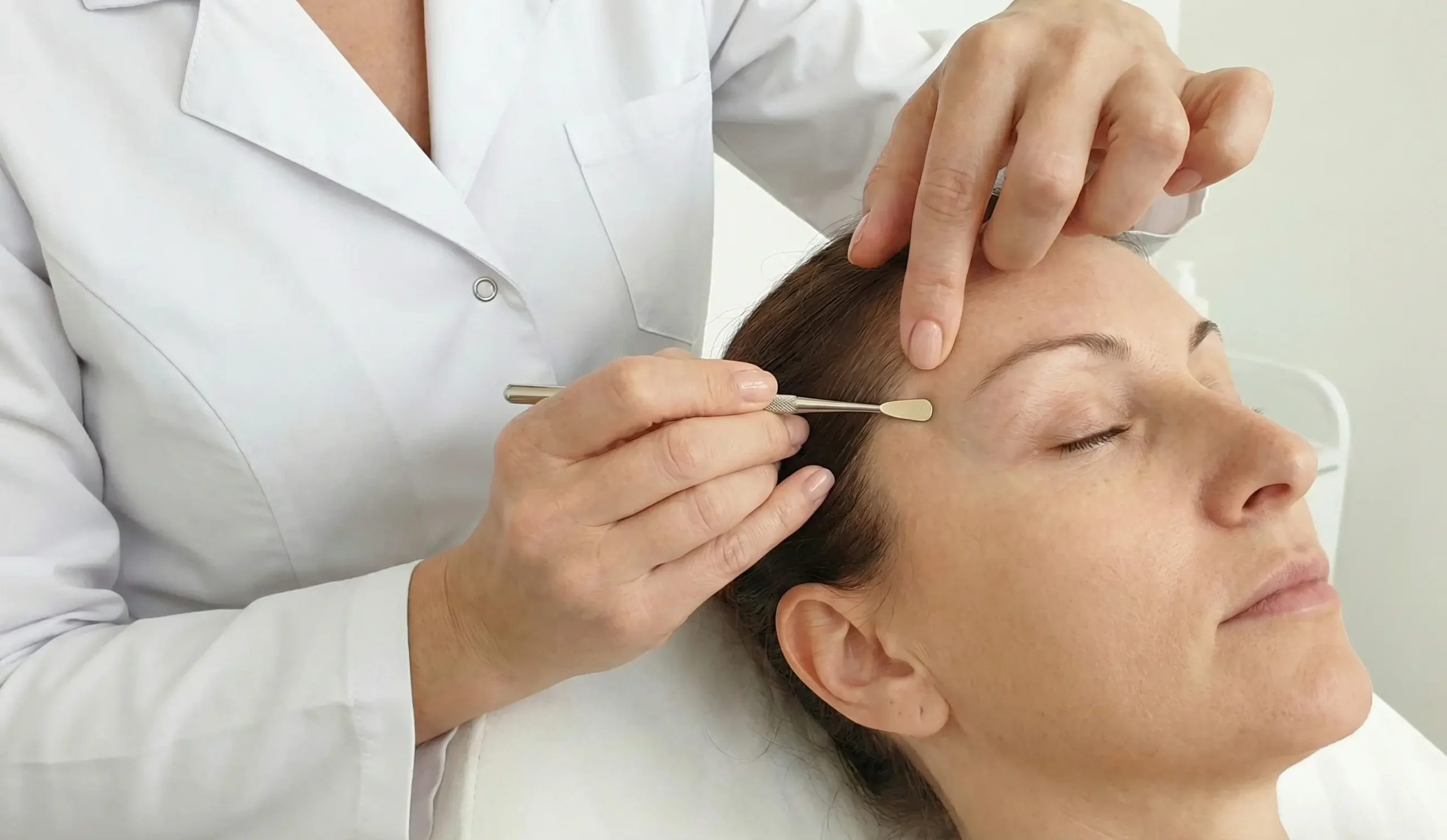 doctor demonstrating temple lift procedure with tool