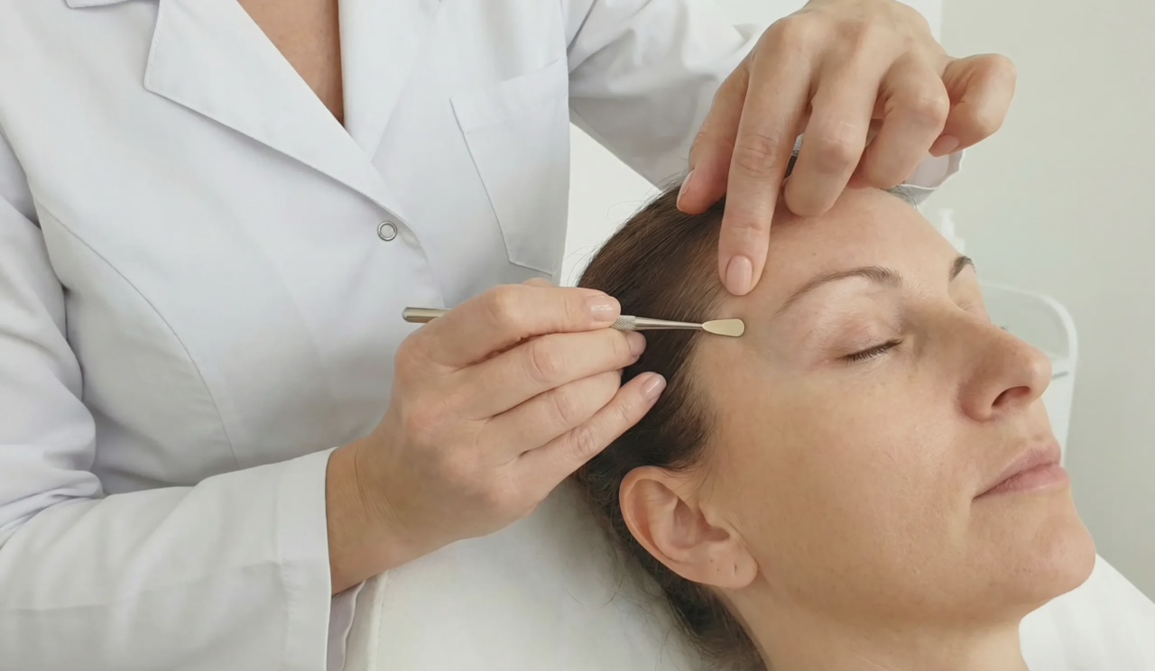 doctor demonstrating temple lift procedure with tool