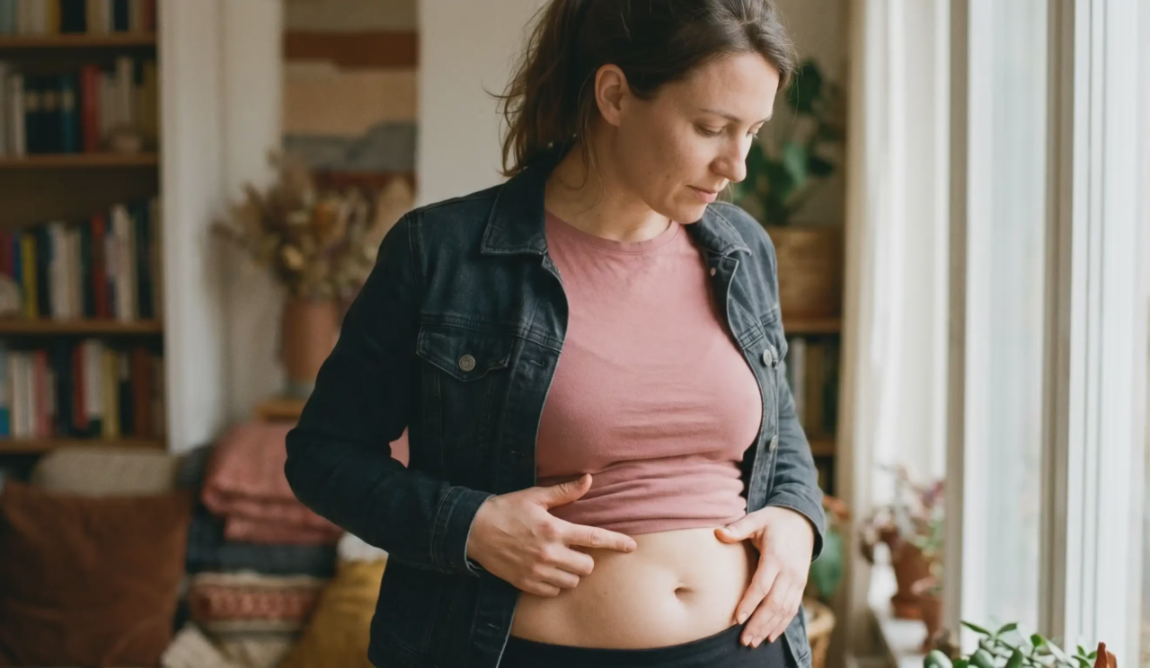natural shot of woman looking at abdomen and hips