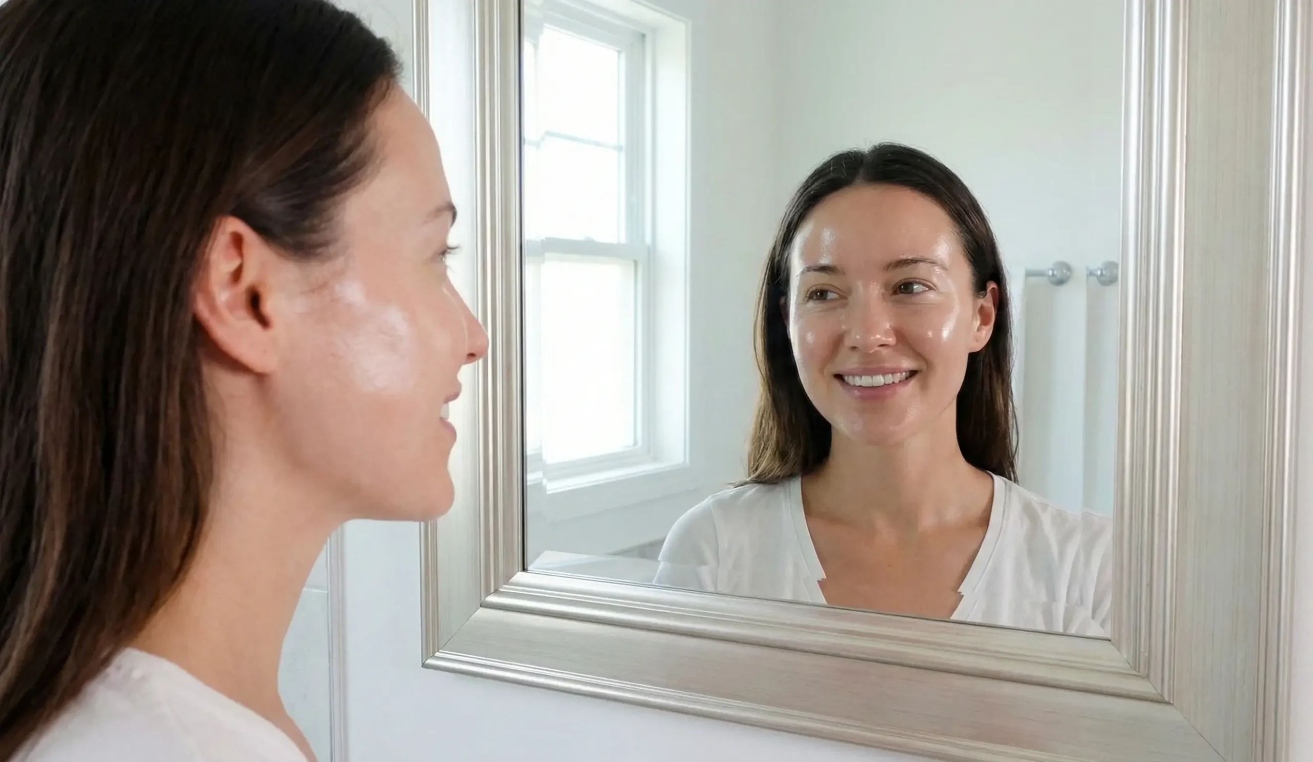 woman glass skin natural glow mirror reflection