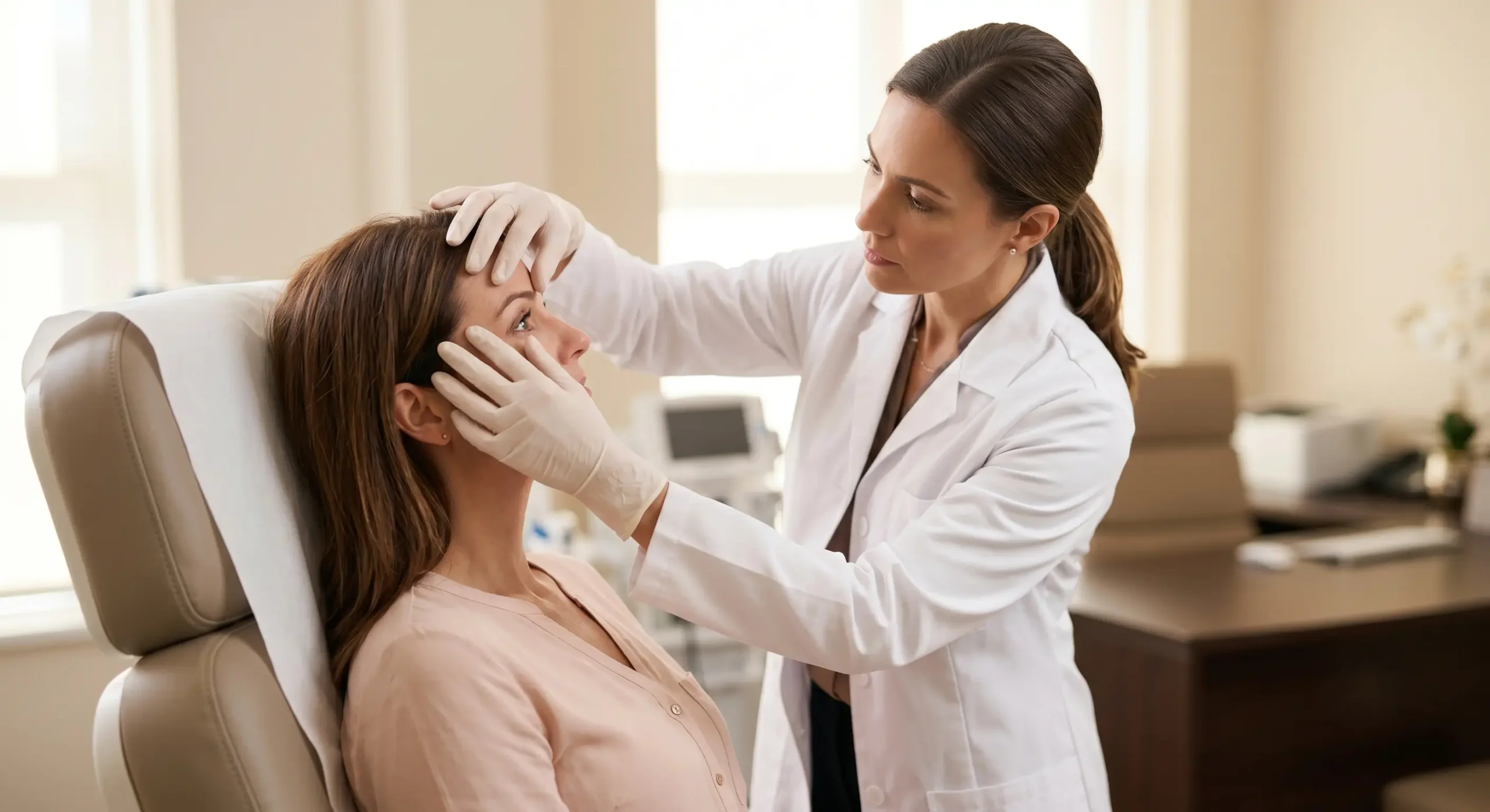 doctor examining patient forehead muscles