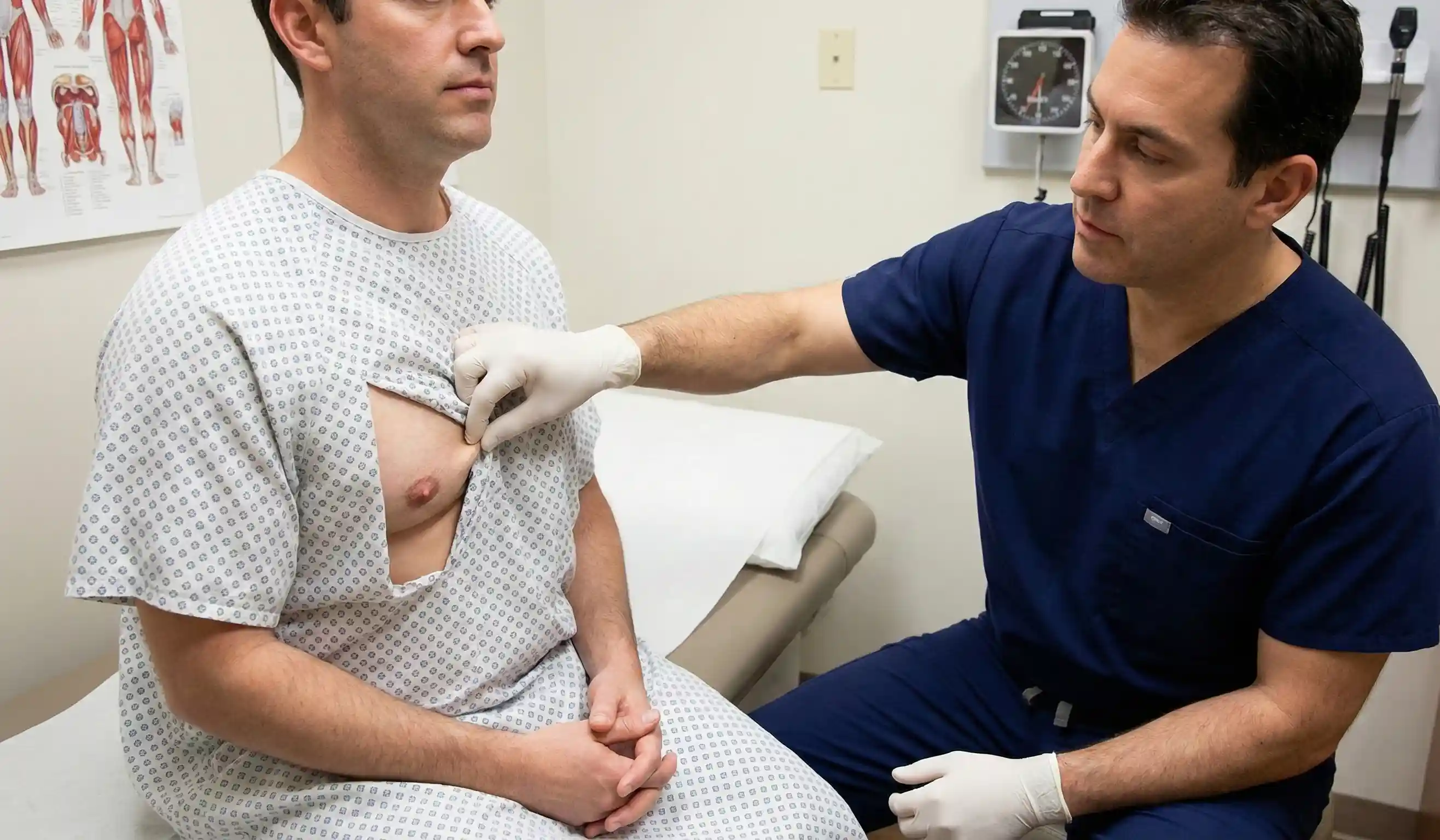 surgeon performing pinch test male chest exam