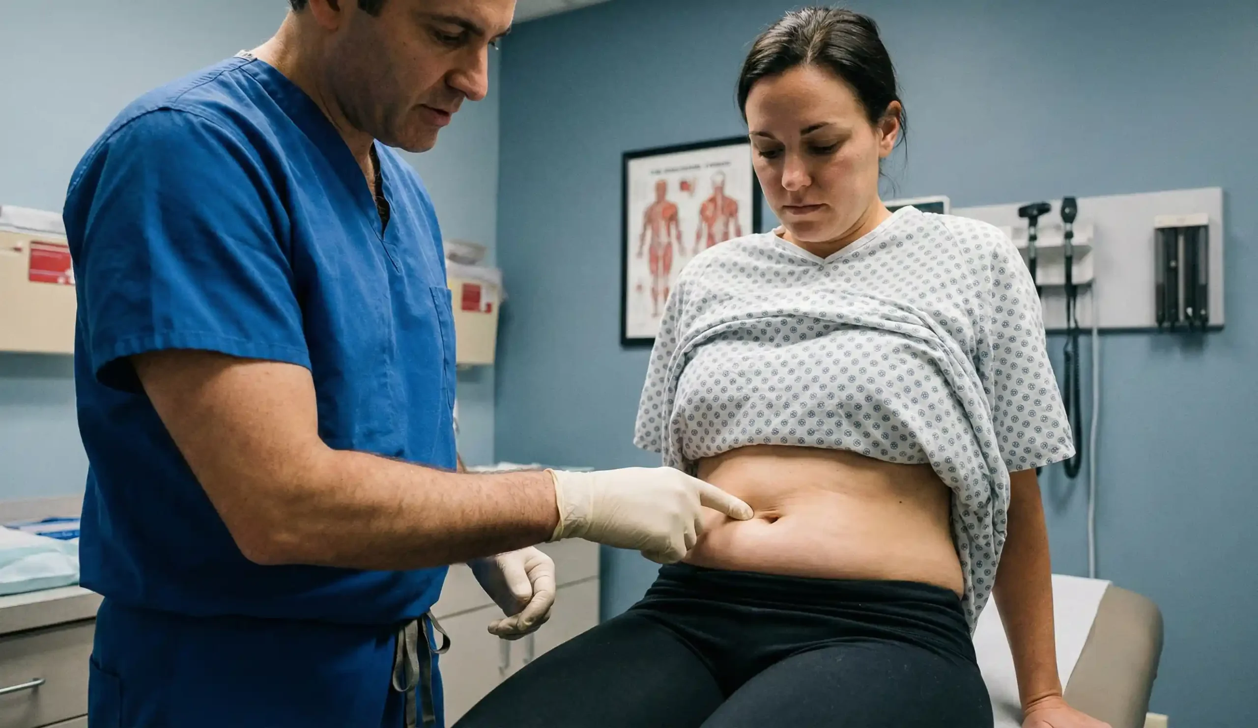 surgeon examining healed navel depth and stalk