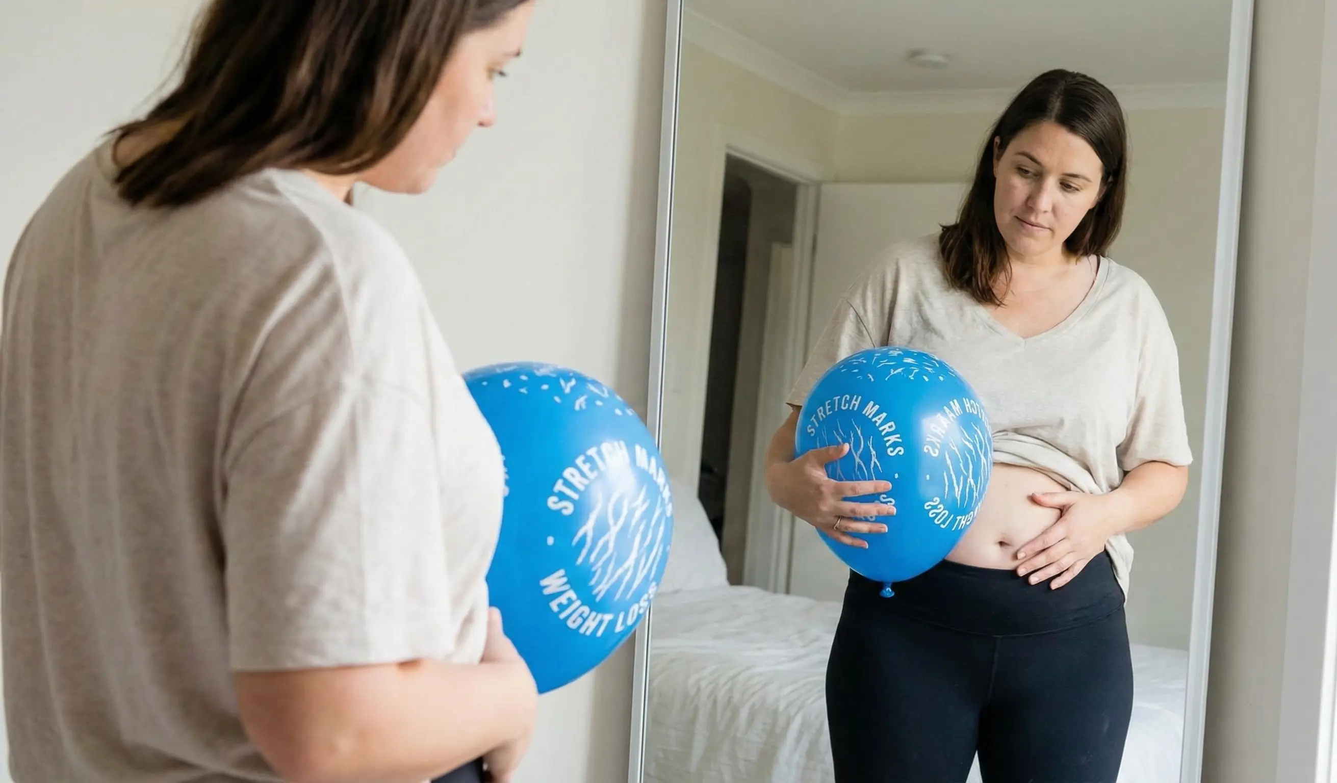 ayna önünde balon tutan kadın ve gerilme izleri görselleştirmesi