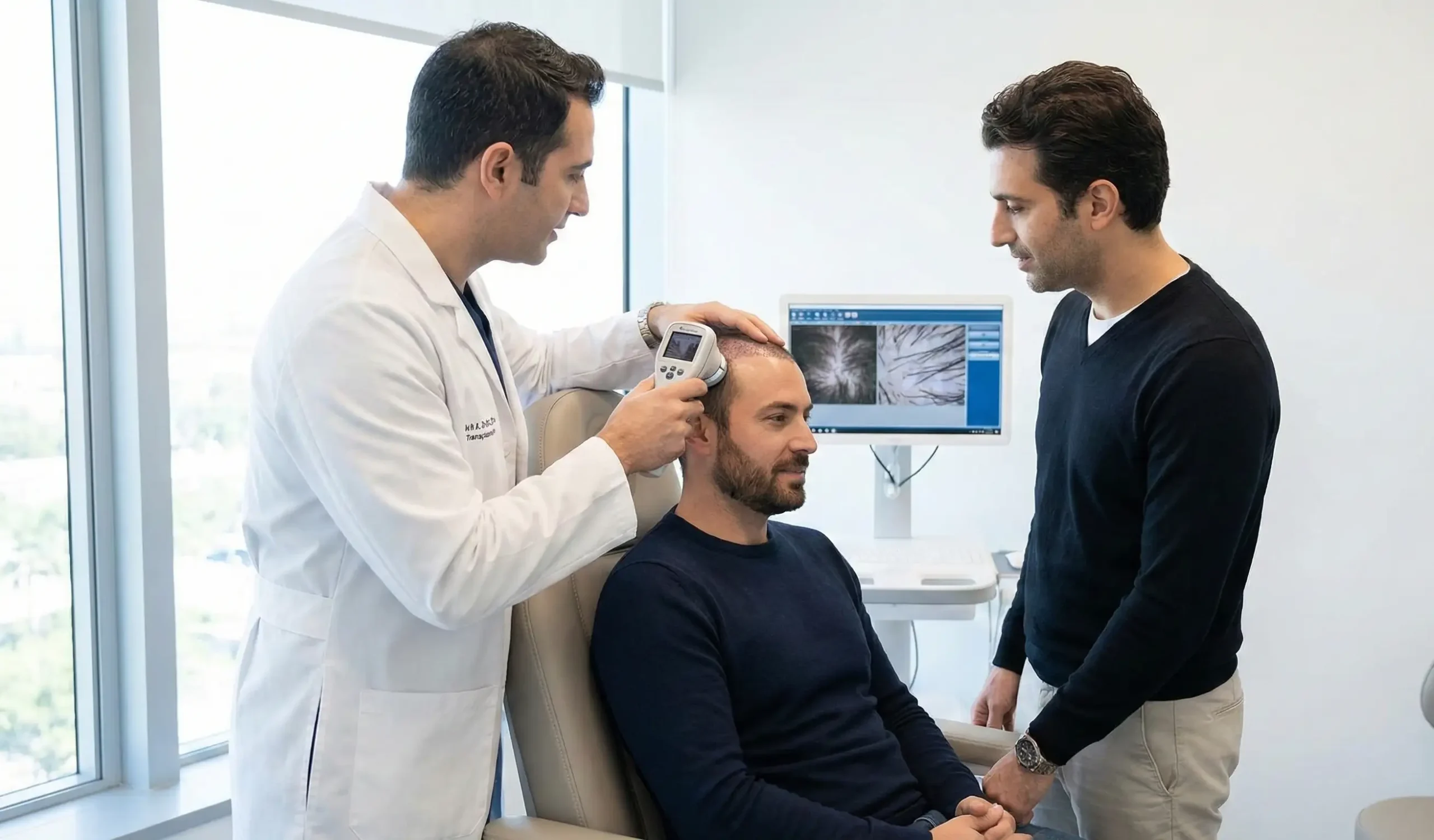 doctor examining patient scalp with densitometer