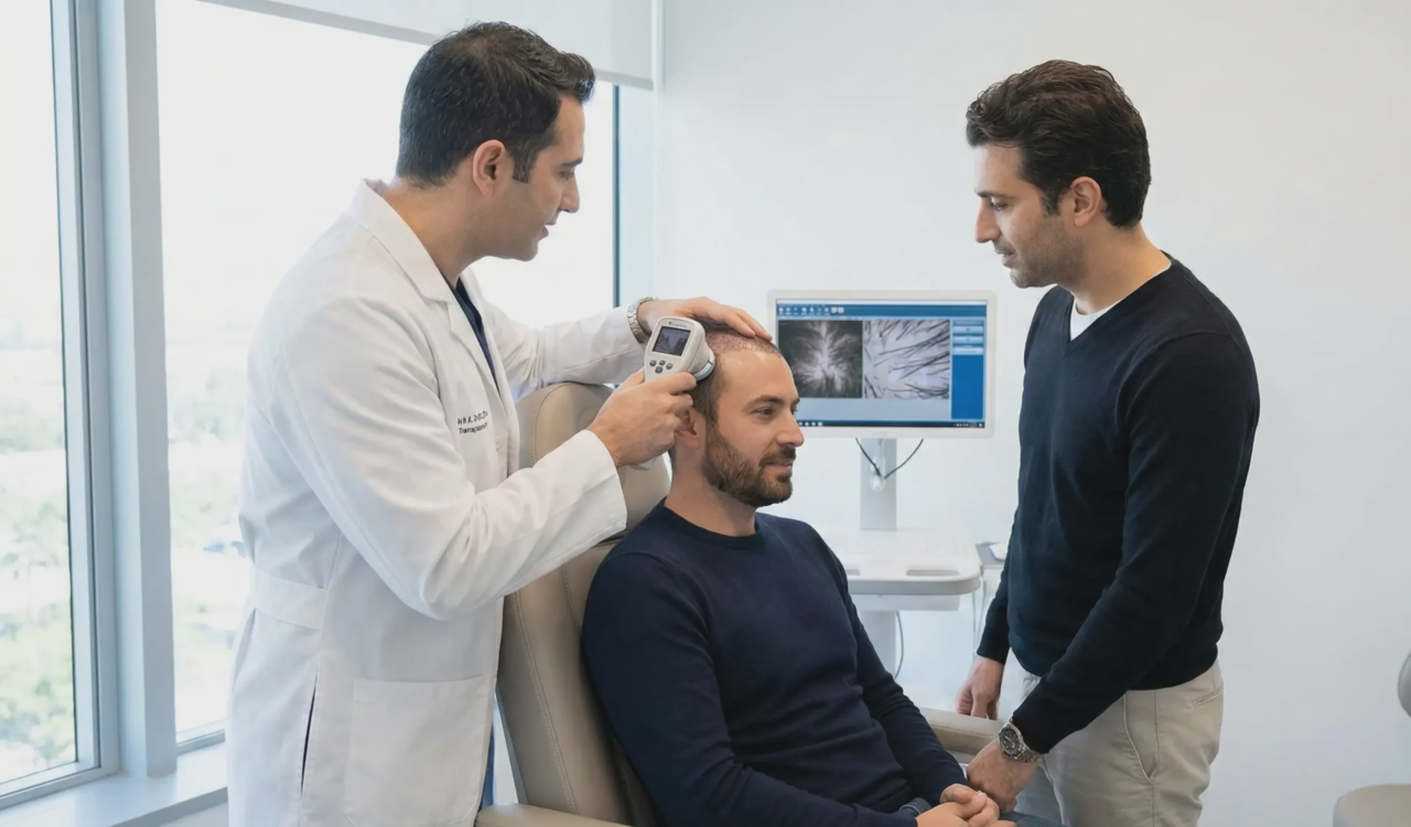 doctor examining patient scalp with densitometer
