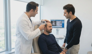 doctor examining patient scalp with densitometer