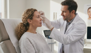 doctor checking patient face exam room realistic