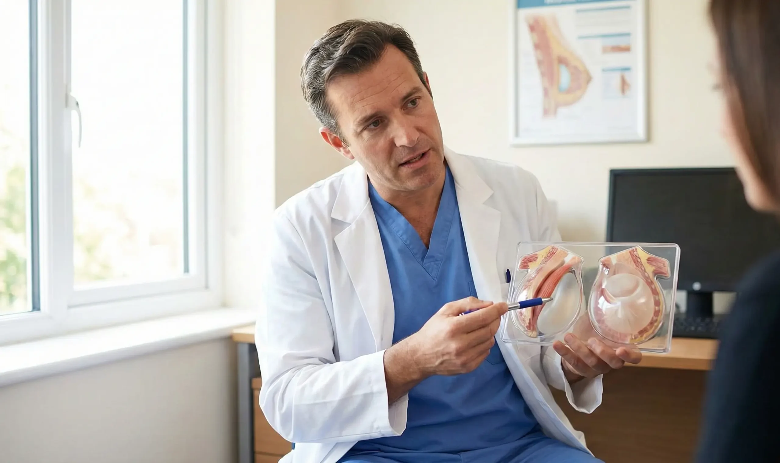 surgeon demonstrating implant displacement model