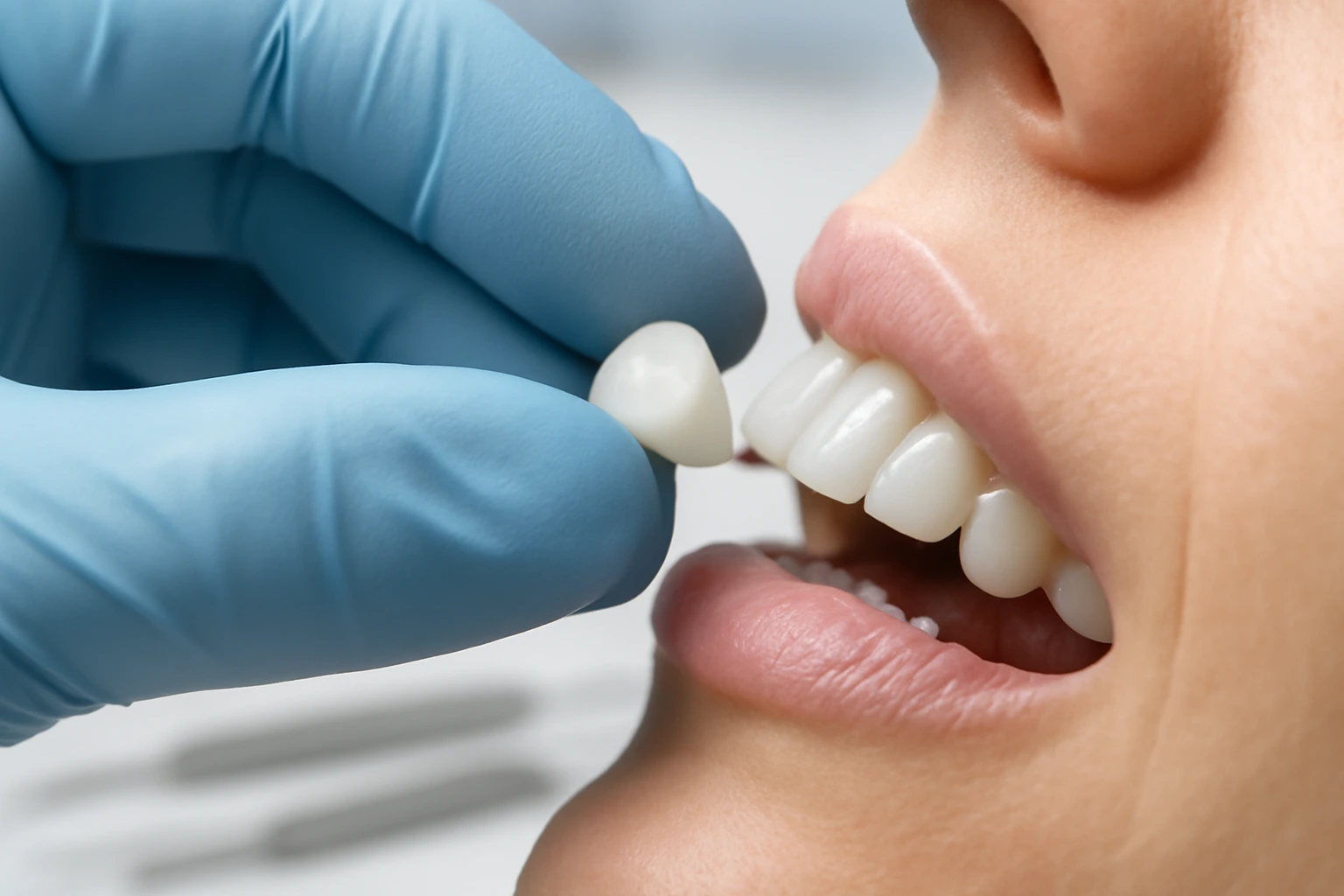 dentist placing a dental veneer