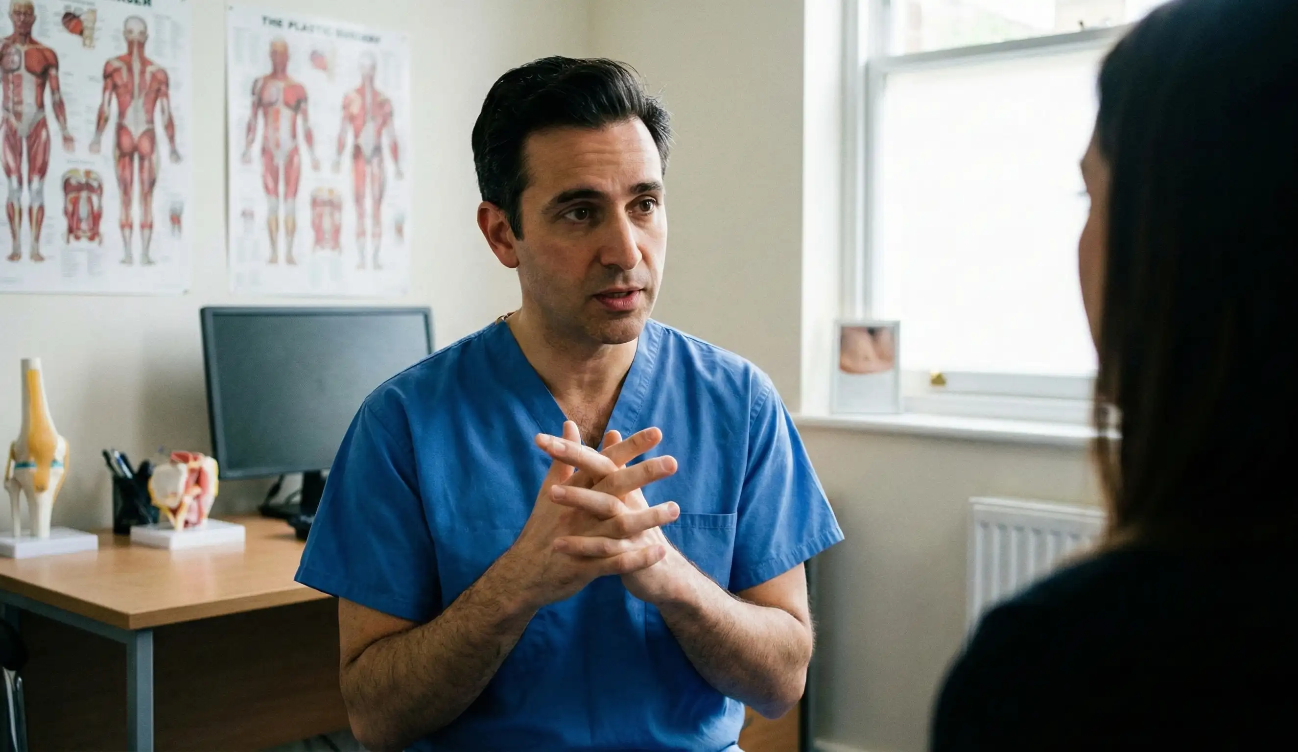 plastic surgeon interlacing fingers demonstration