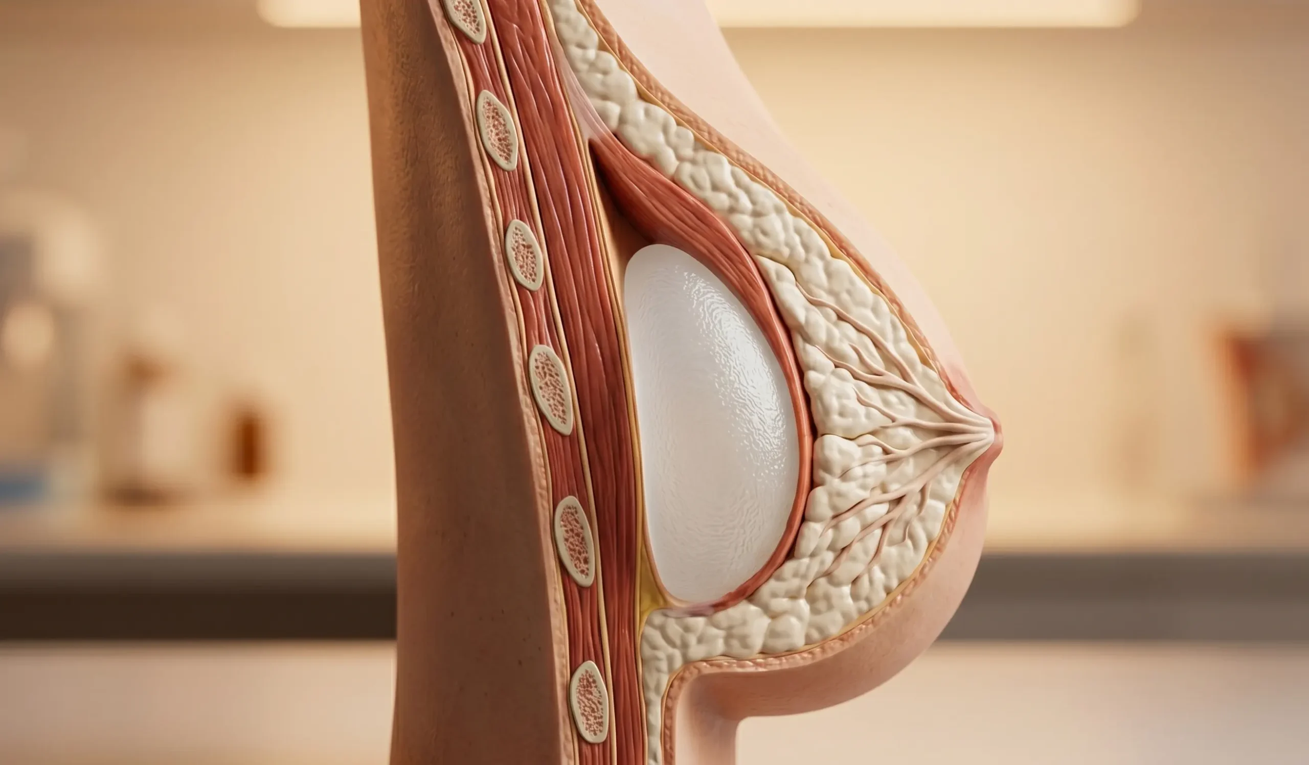 anatomical view over the muscle breast implant