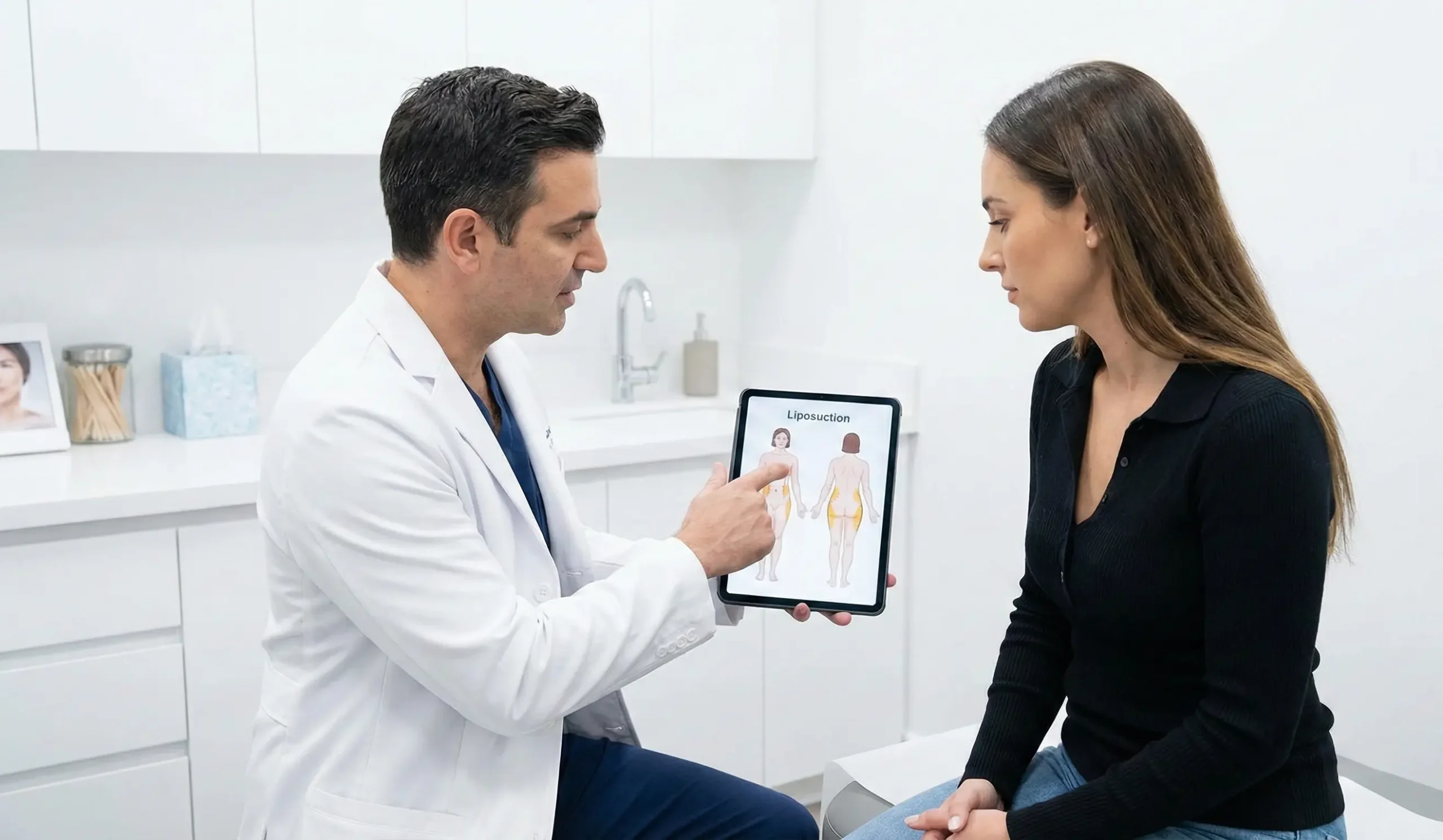 liposuction consultation doctor patient tablet