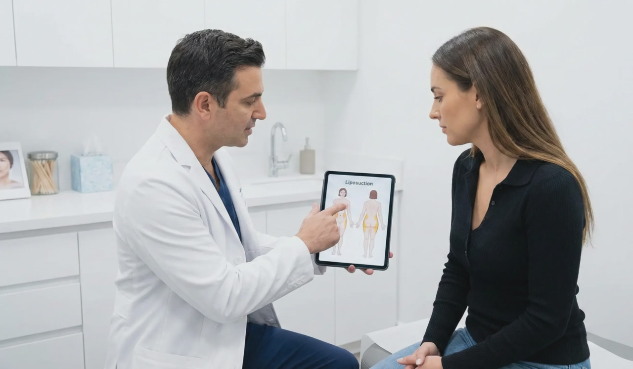 liposuction consultation doctor patient tablet