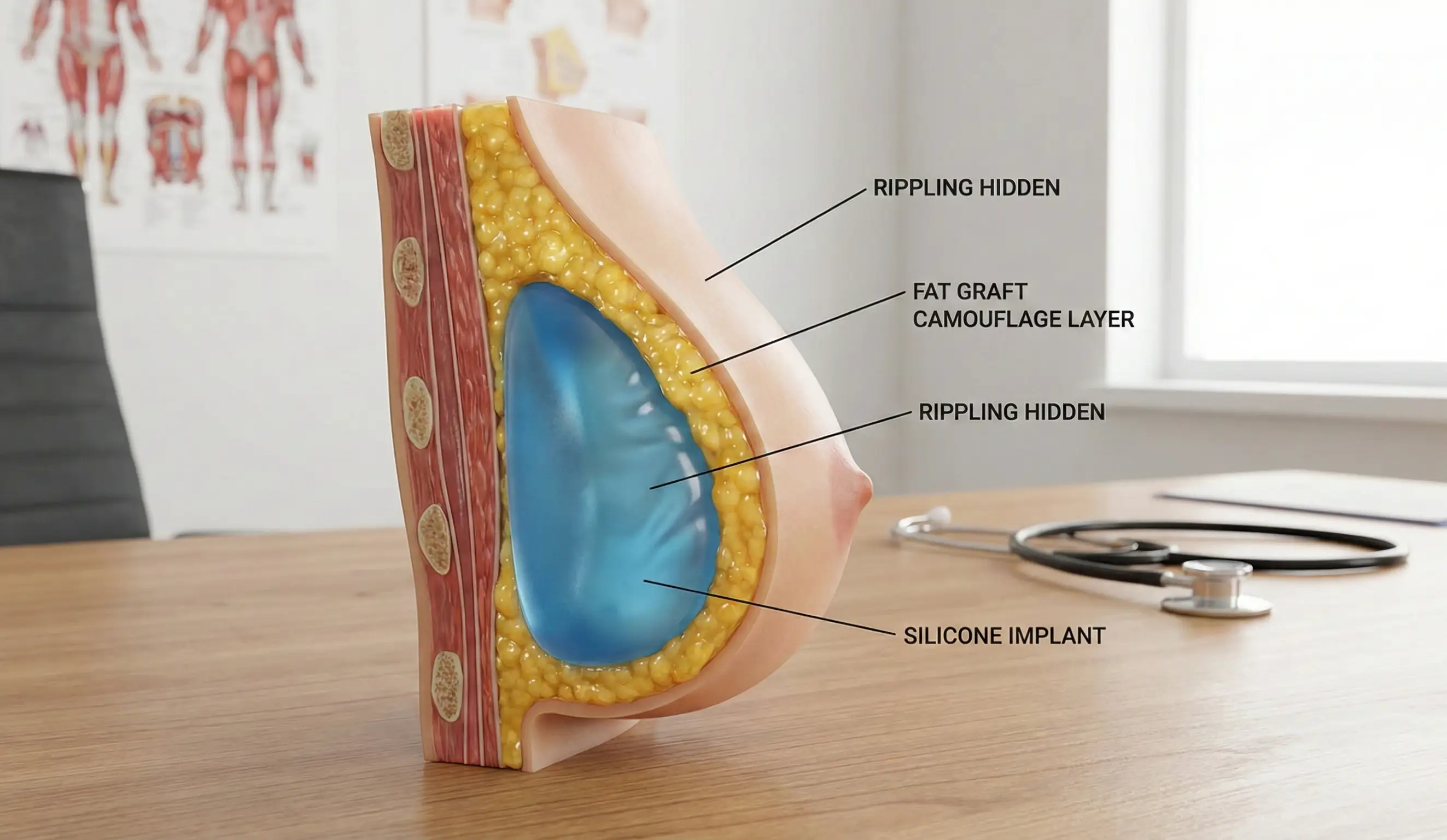 anatomical breast model camouflage layer fat over implant