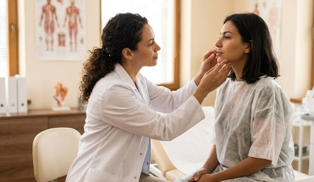 doctor examining patient lip area for lip lift