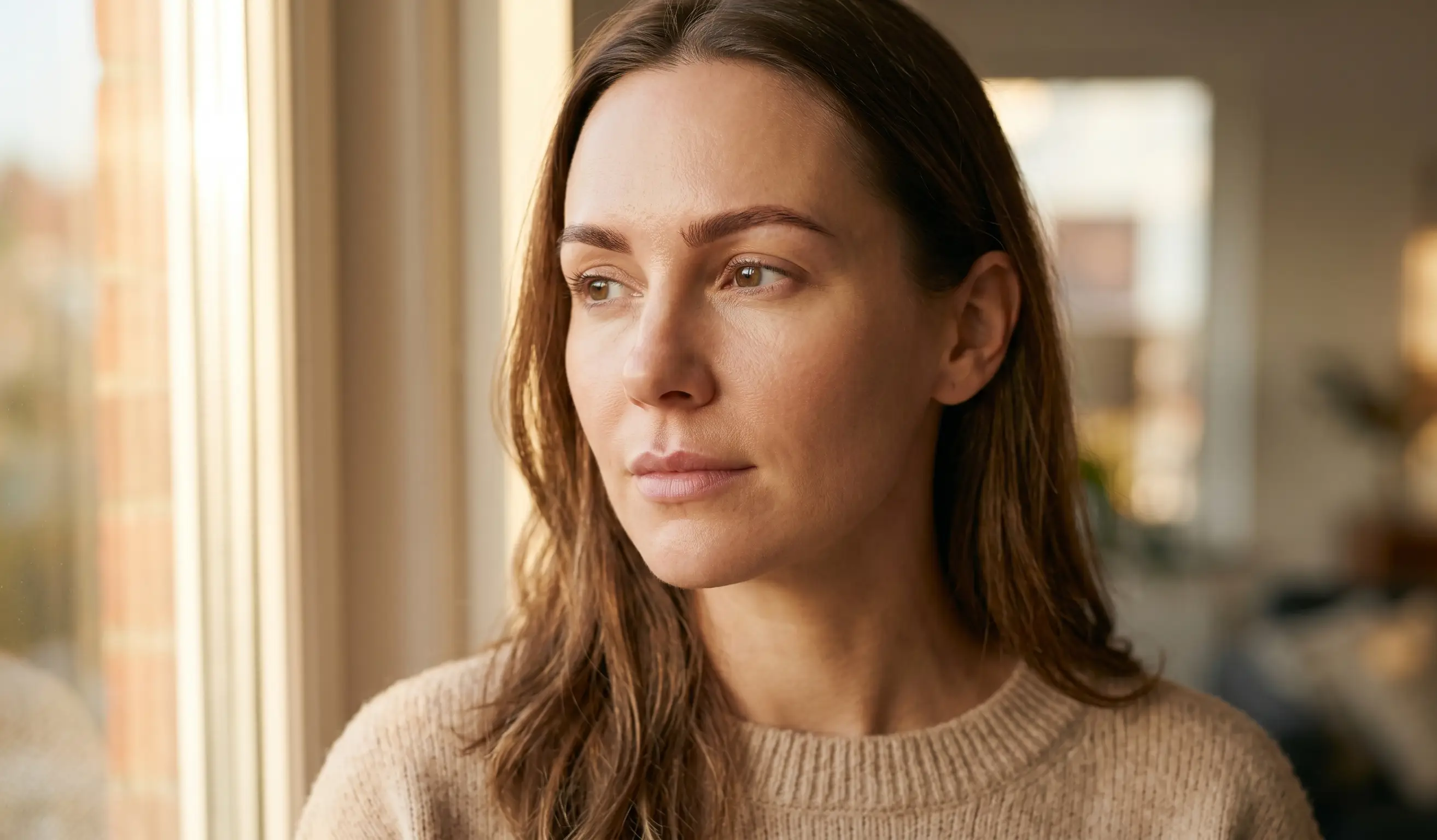 woman examining face post botox natural