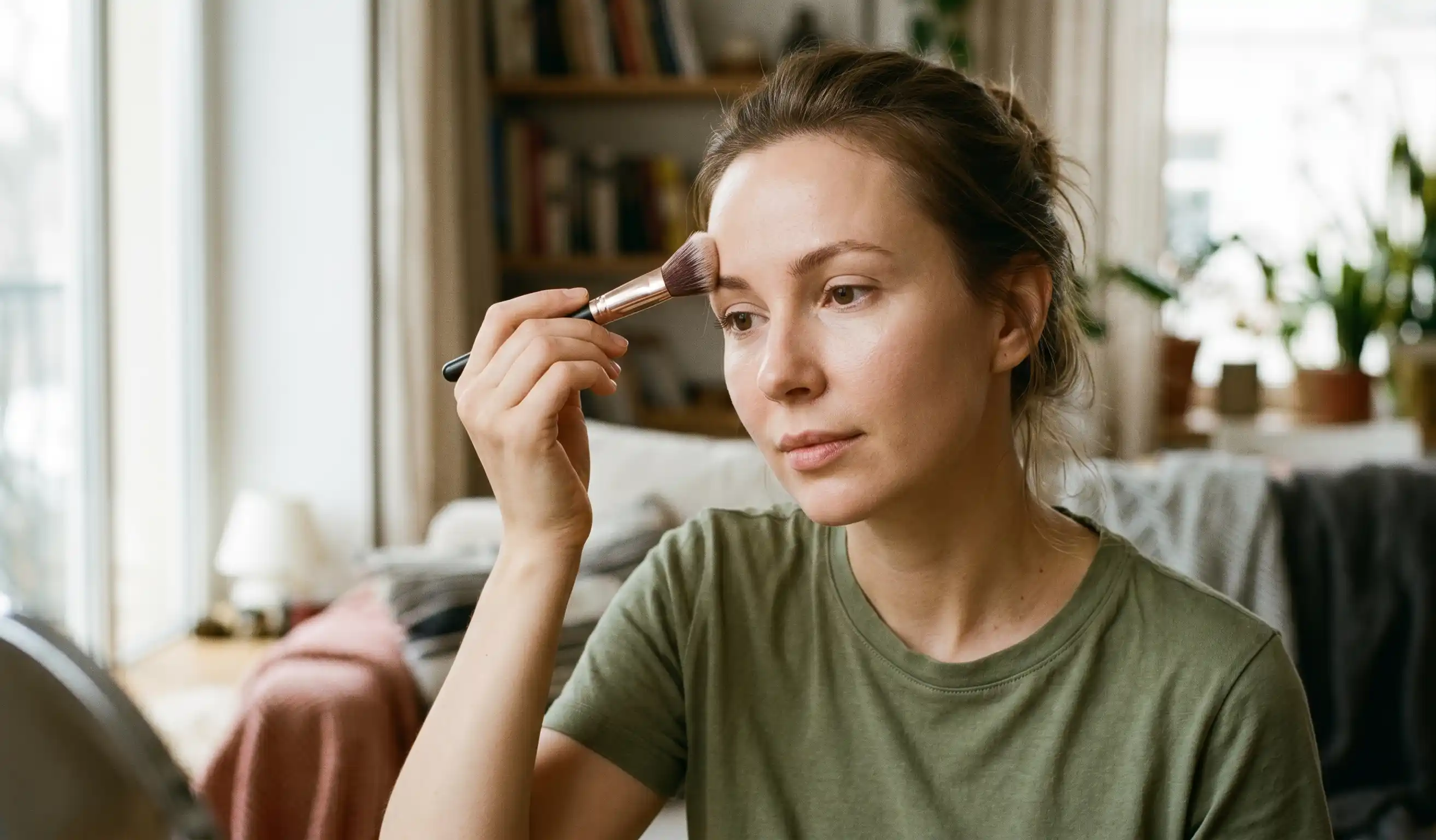 woman applying makeup to forehead after botox