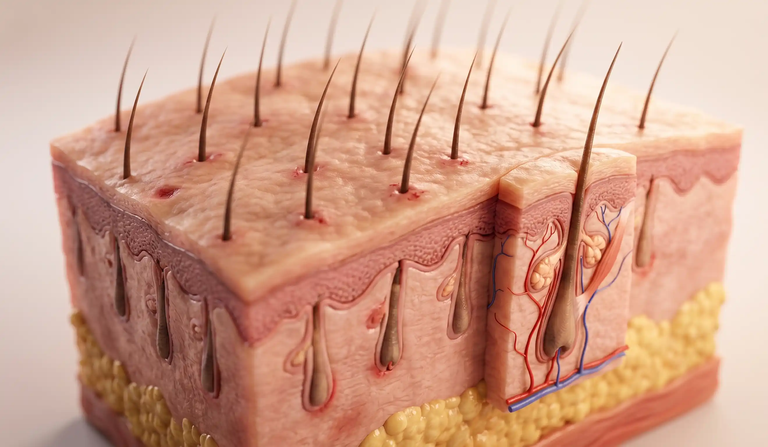 realistic 3d model showing scalp layers and healing hair grafts