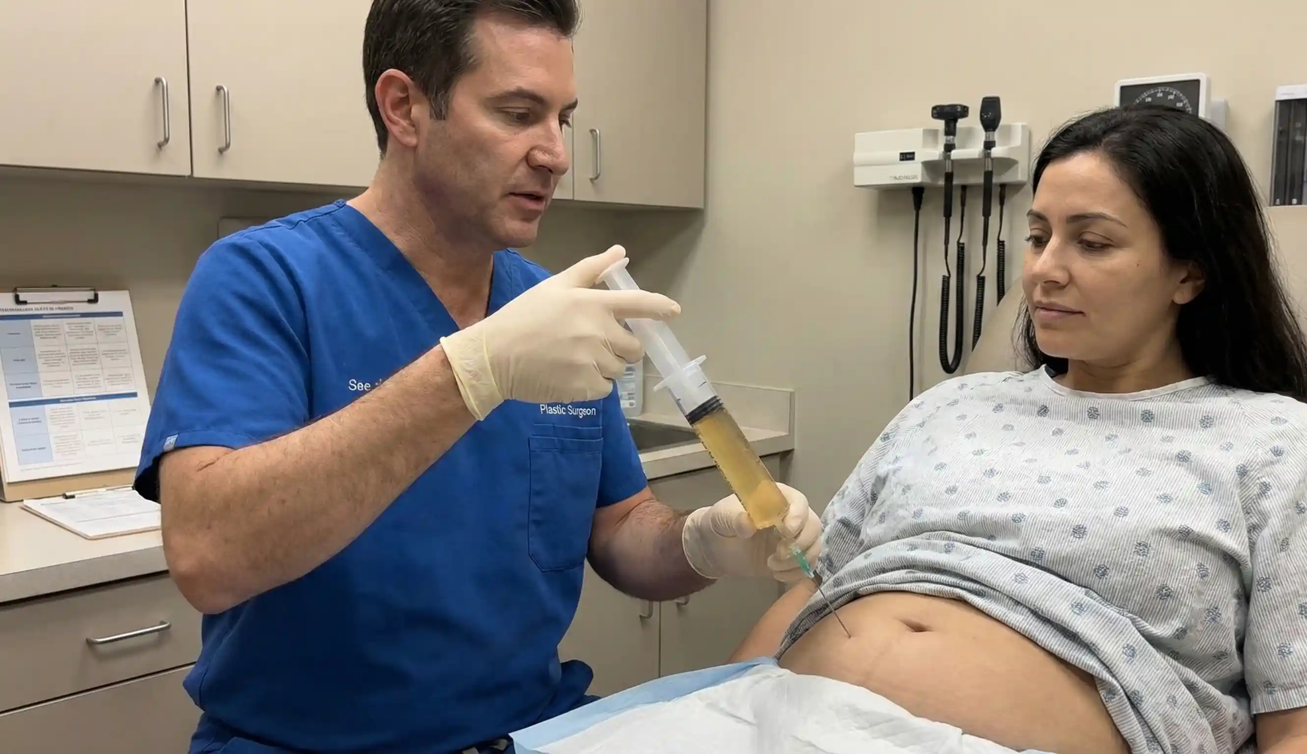 plastic surgeon showing aspirated seroma fluid syringe