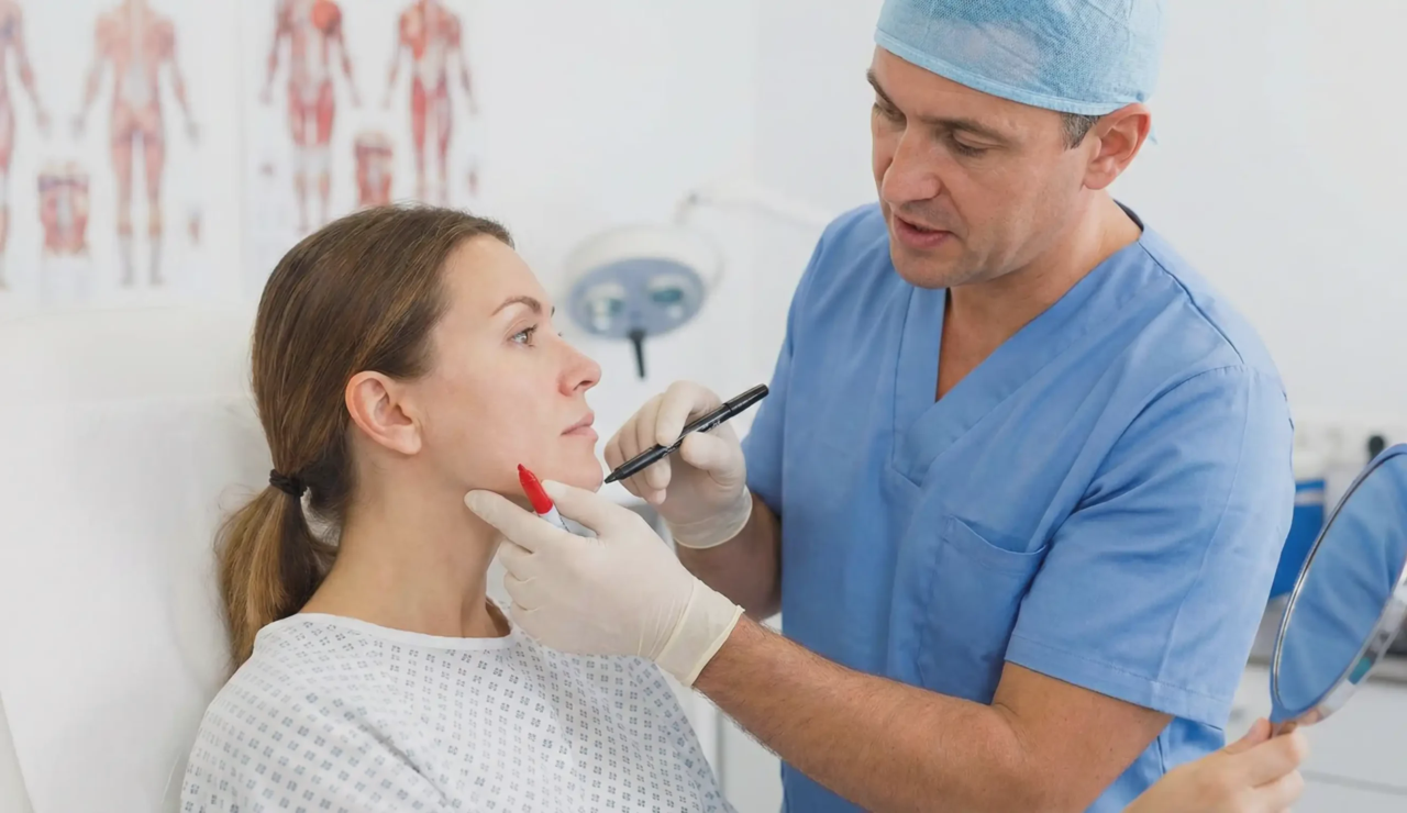 plastic surgeon consultation female patient clean face