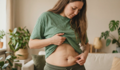 natural shot of woman looking at loose skin on tummy