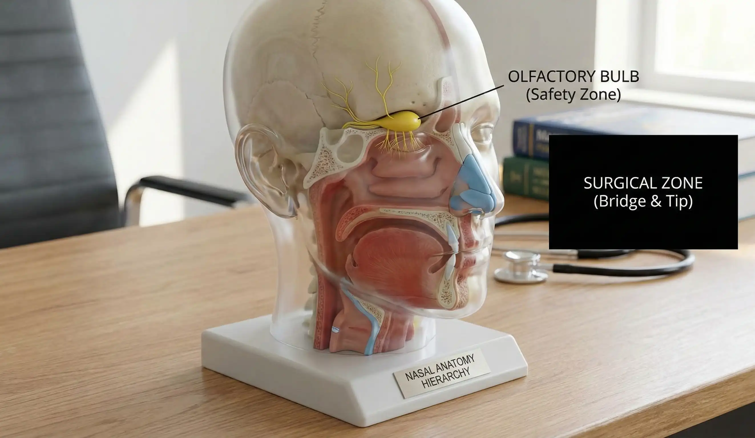 modello anatomico della testa, bulbo olfattivo vs zona chirurgica