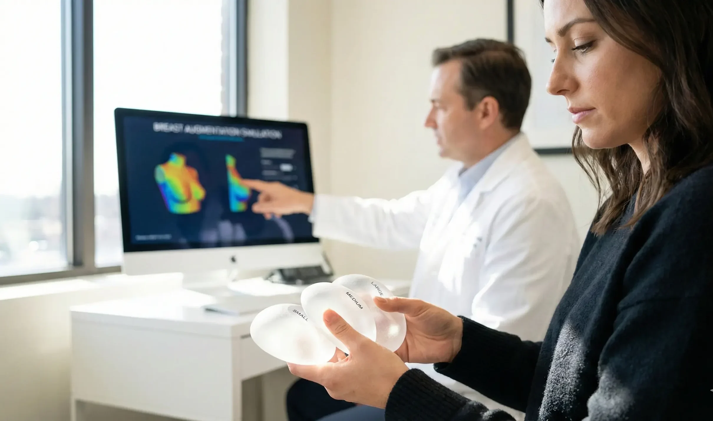 patient visualizing breast implant sizes consultation room