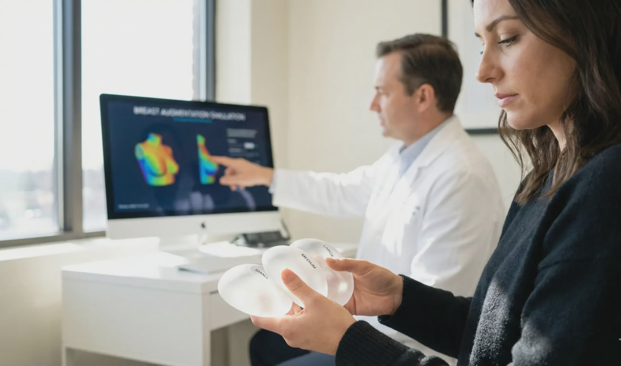 patient visualizing breast implant sizes consultation room