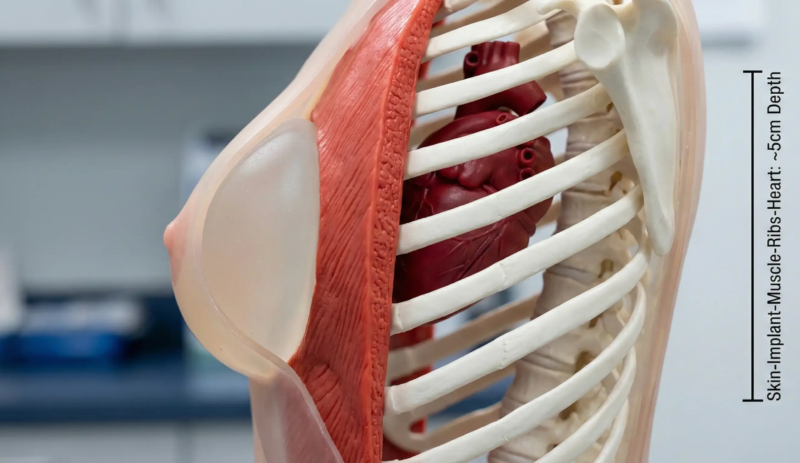 anatomical side profile model showing tissue layers depth from implant to heart