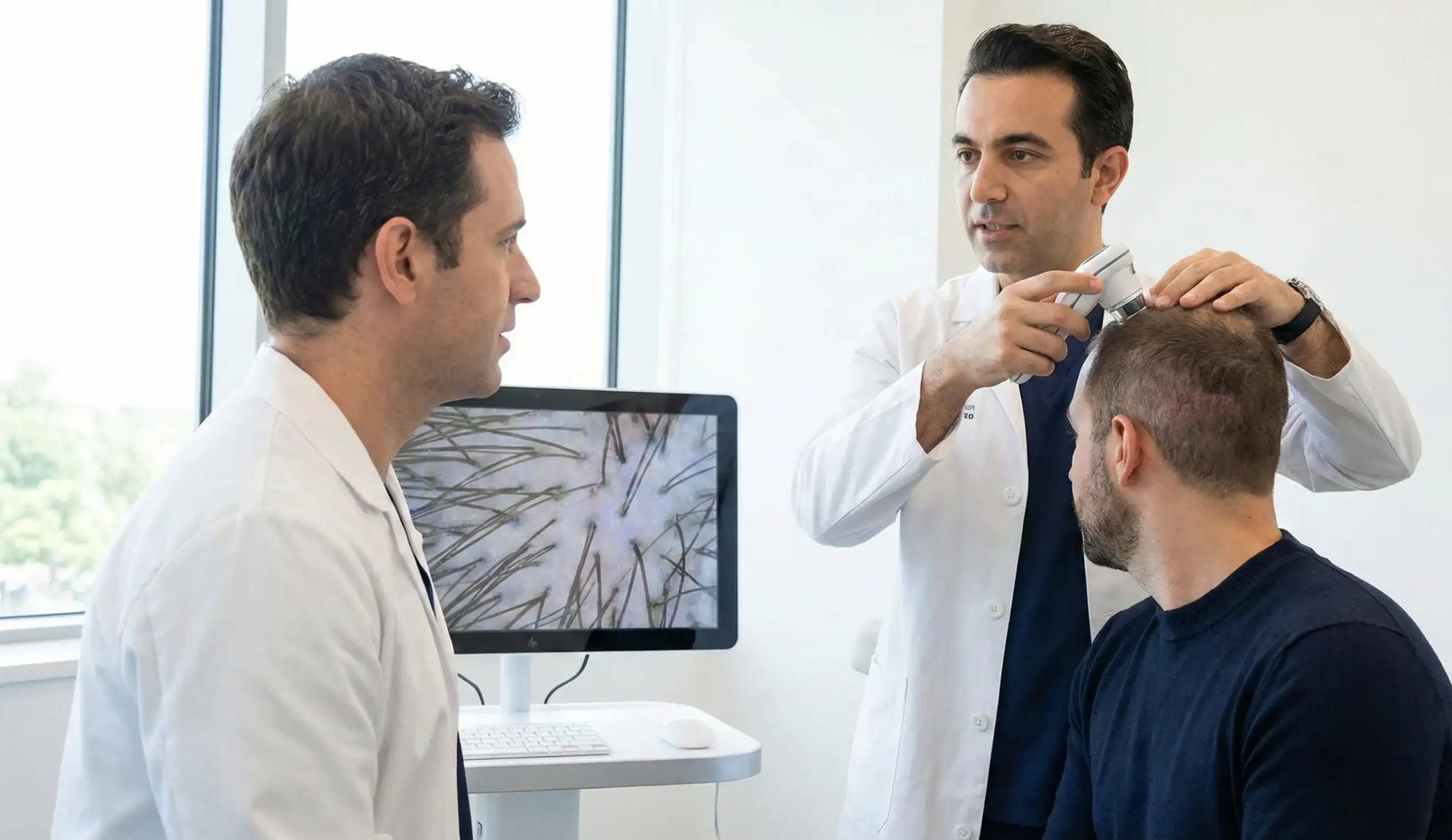 doctor examining patient scalp grafts