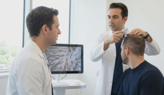 doctor examining patient scalp grafts