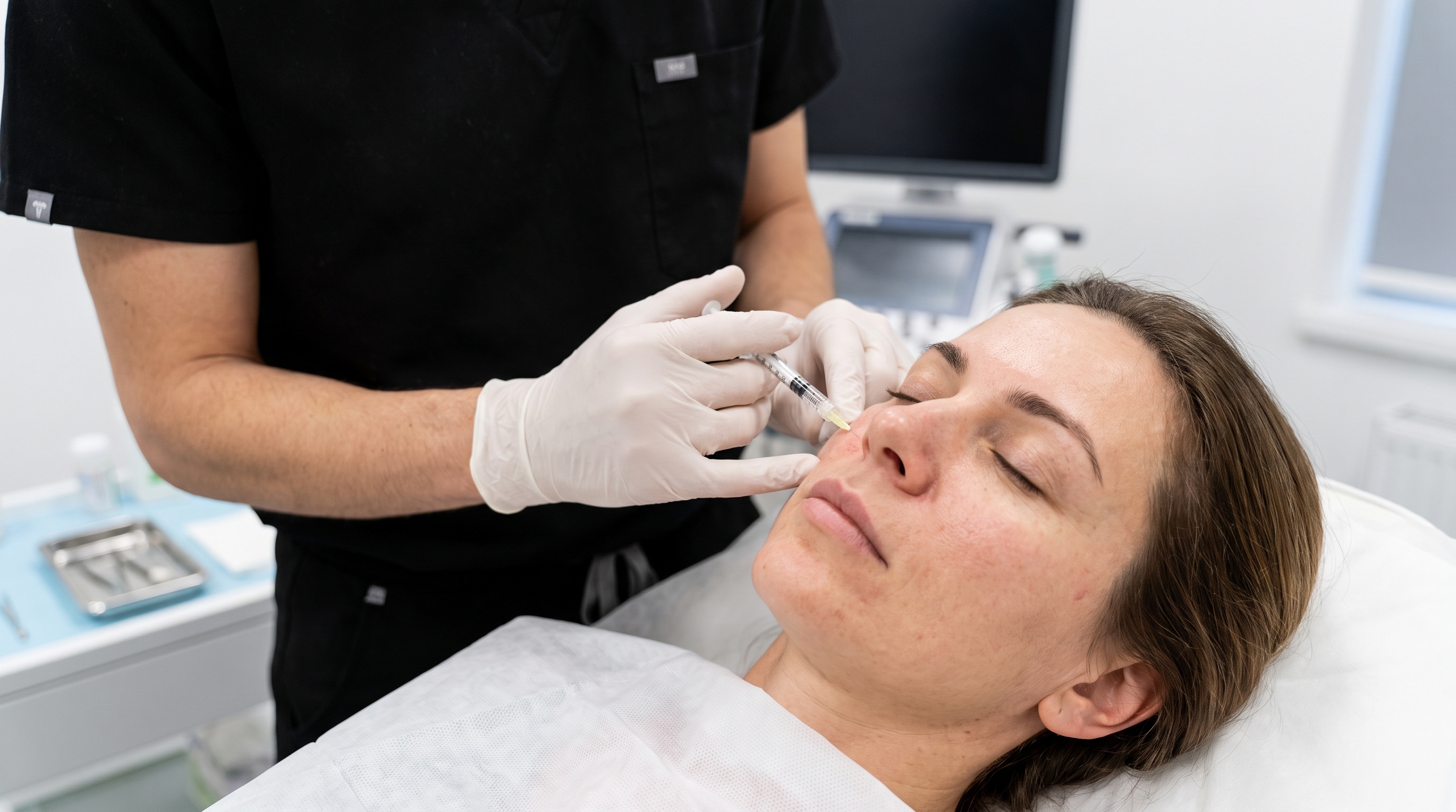 Dermal filler treatment administered to a patient's face for facial contouring and line reduction.