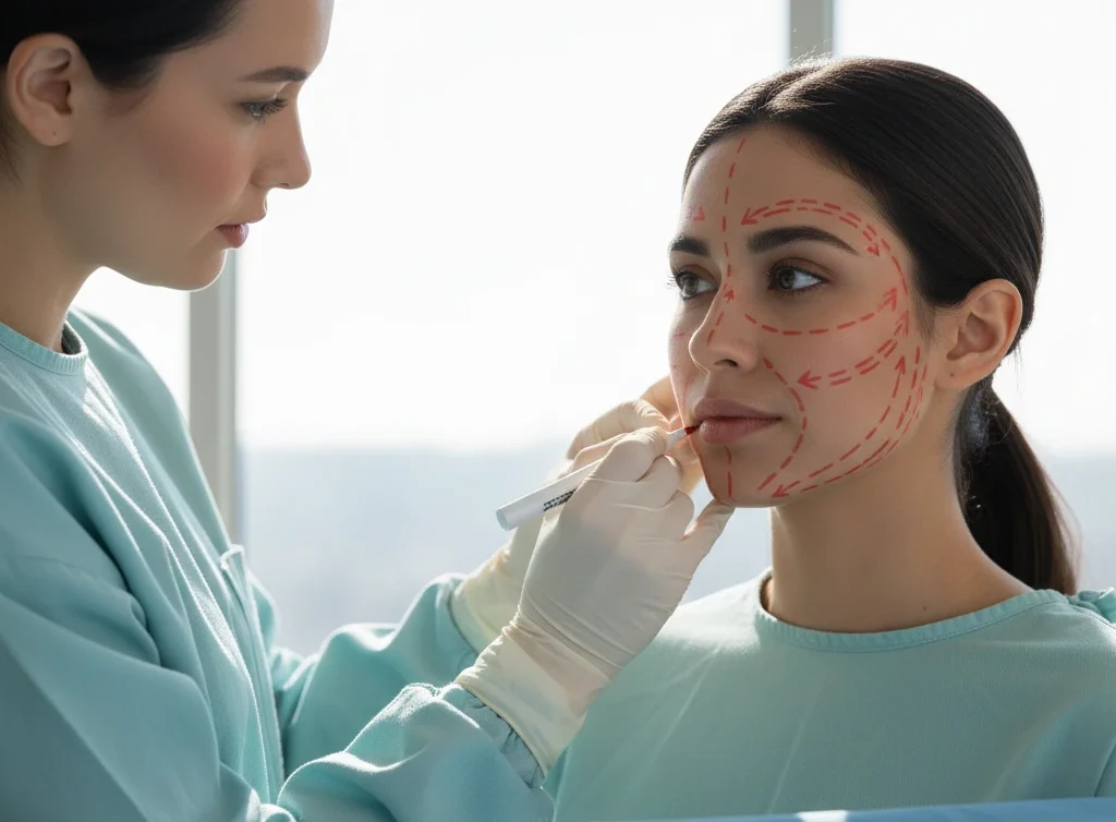 surgeon marking face before ponytail facelift